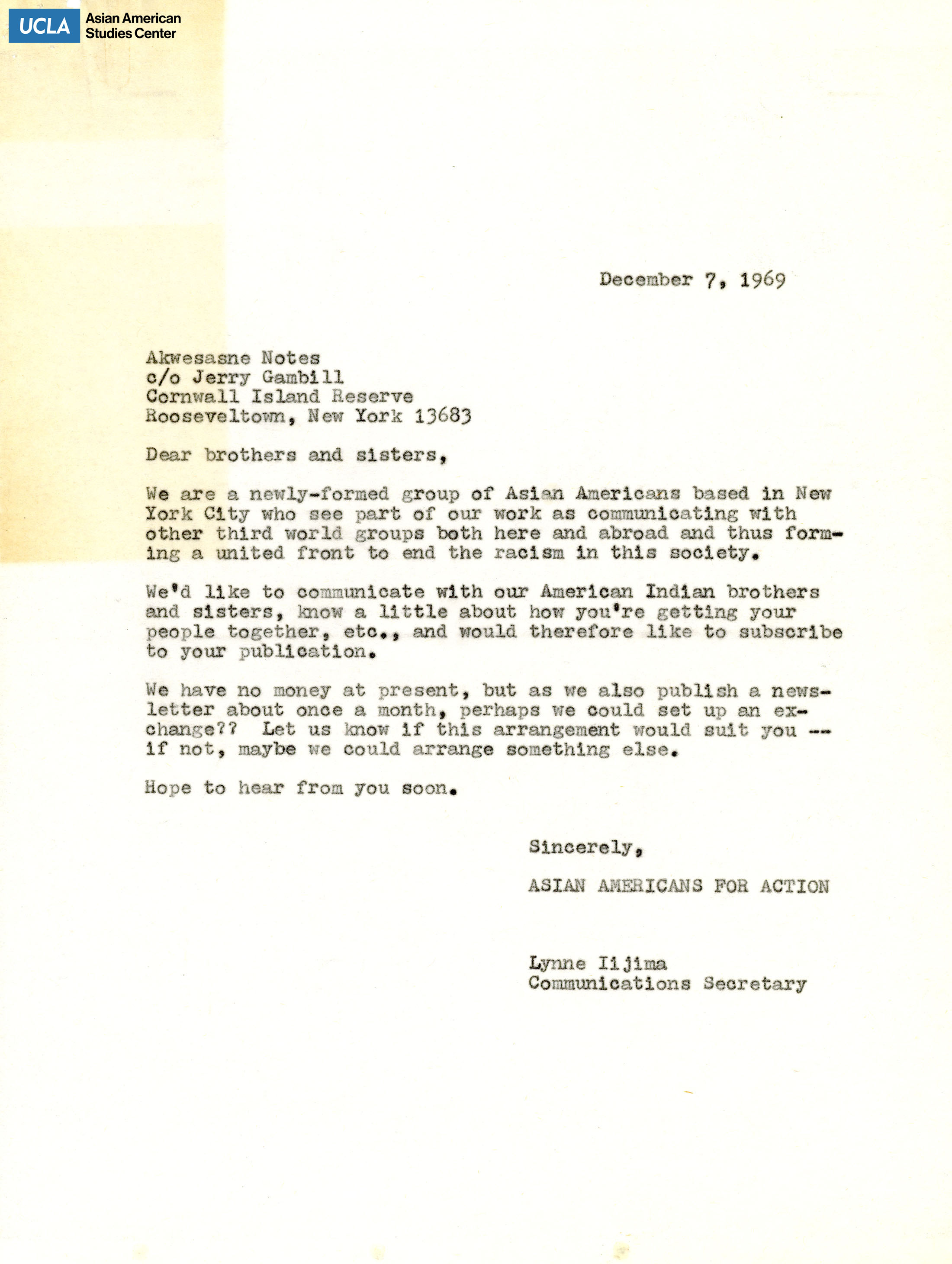 Letter regarding the forming of the organization Asian Americans for Action.