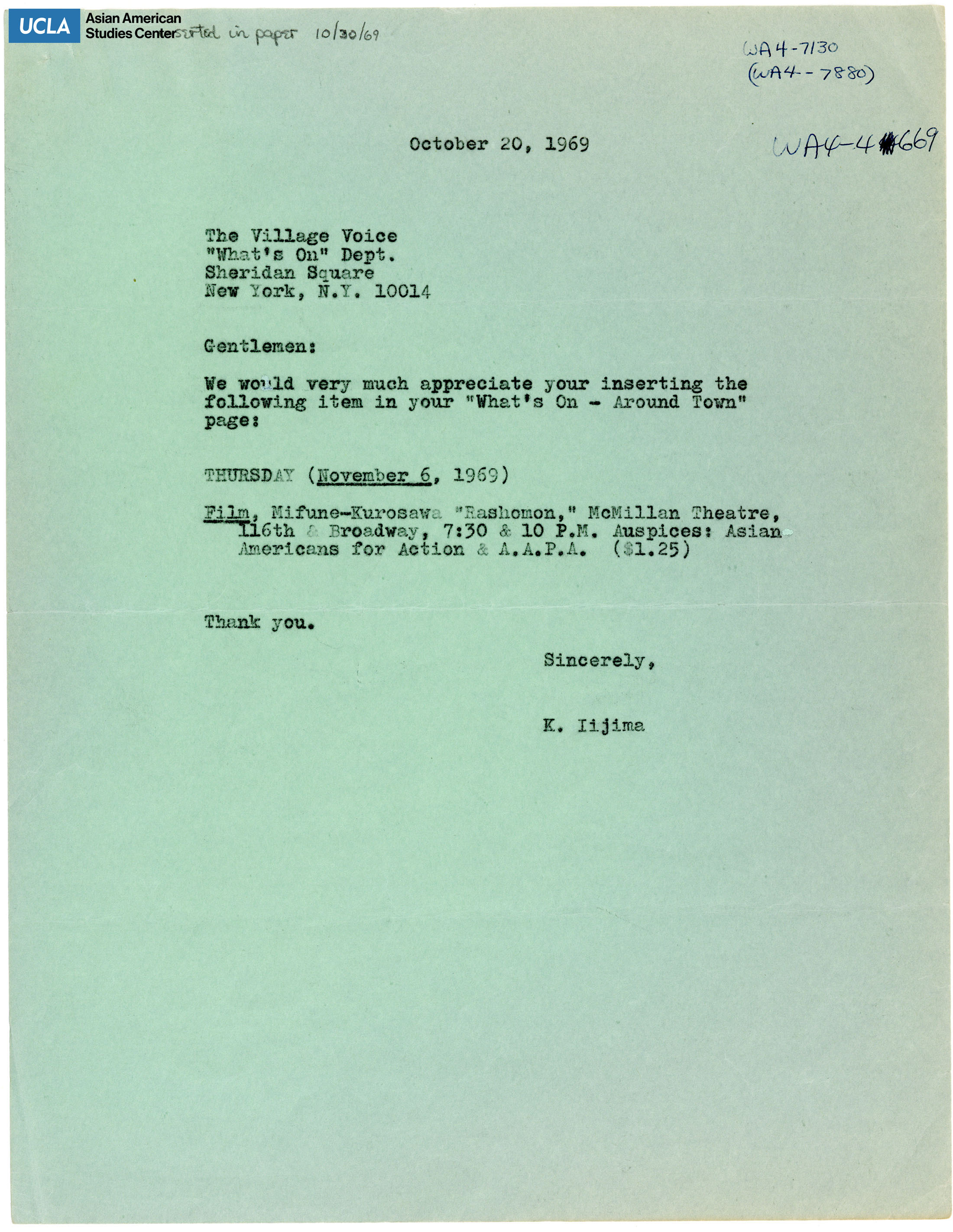 Letter regarding inserting information on the Village Voice.