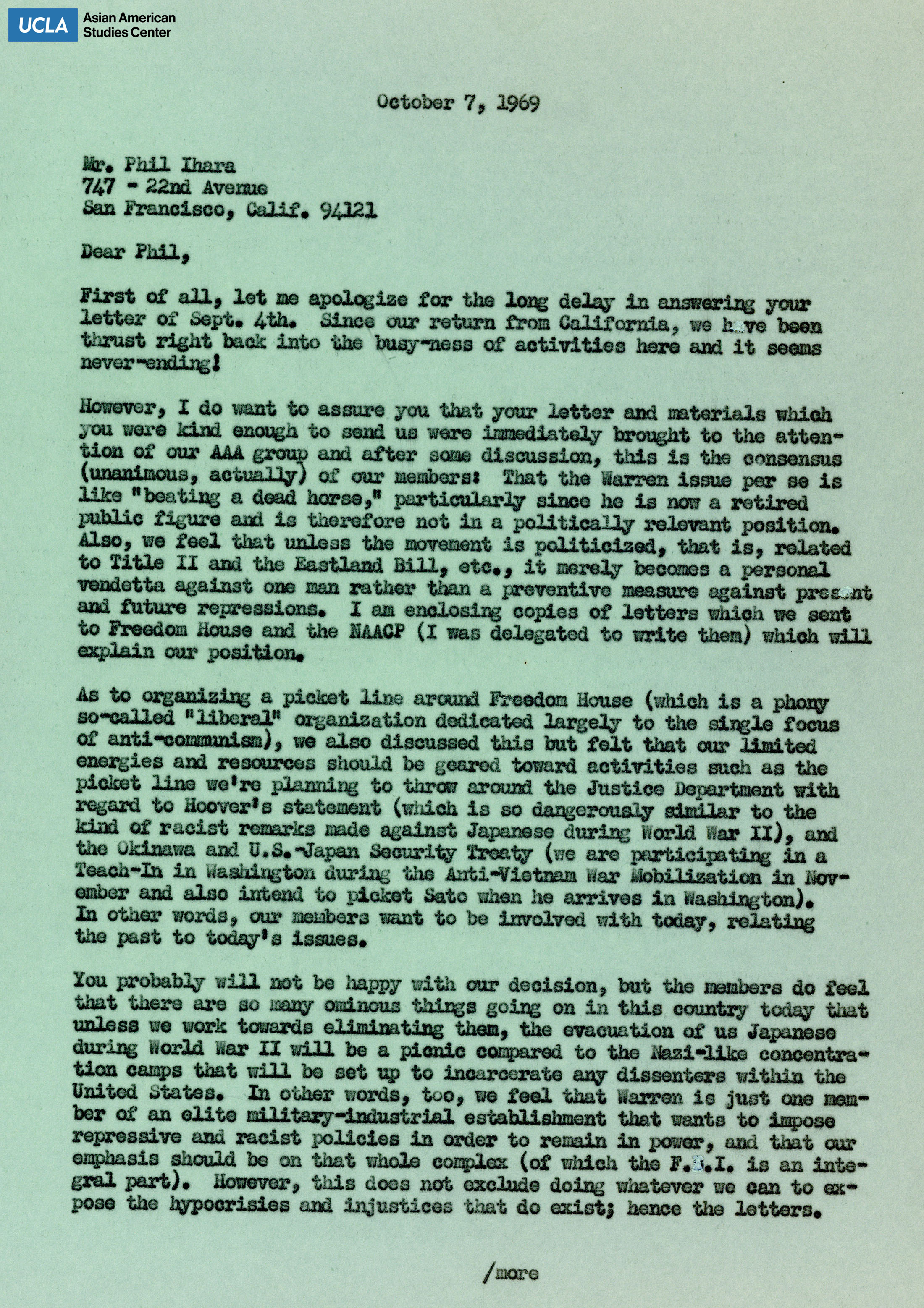 Letter regarding the organizing of a picket line at Freedom House and the United States Justice Department.