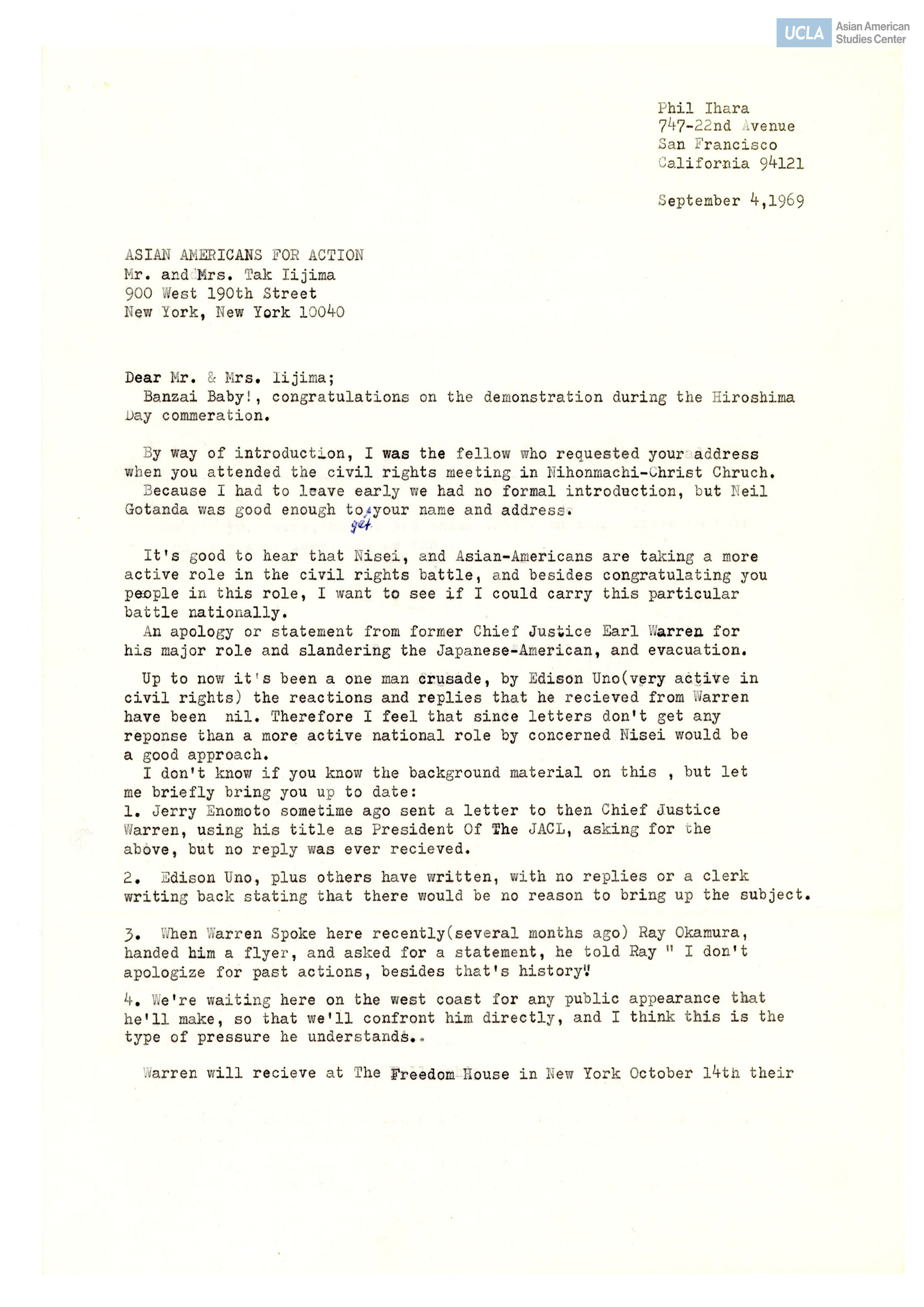 Letter regarding Asian Americans taking a more active role in civil rights.