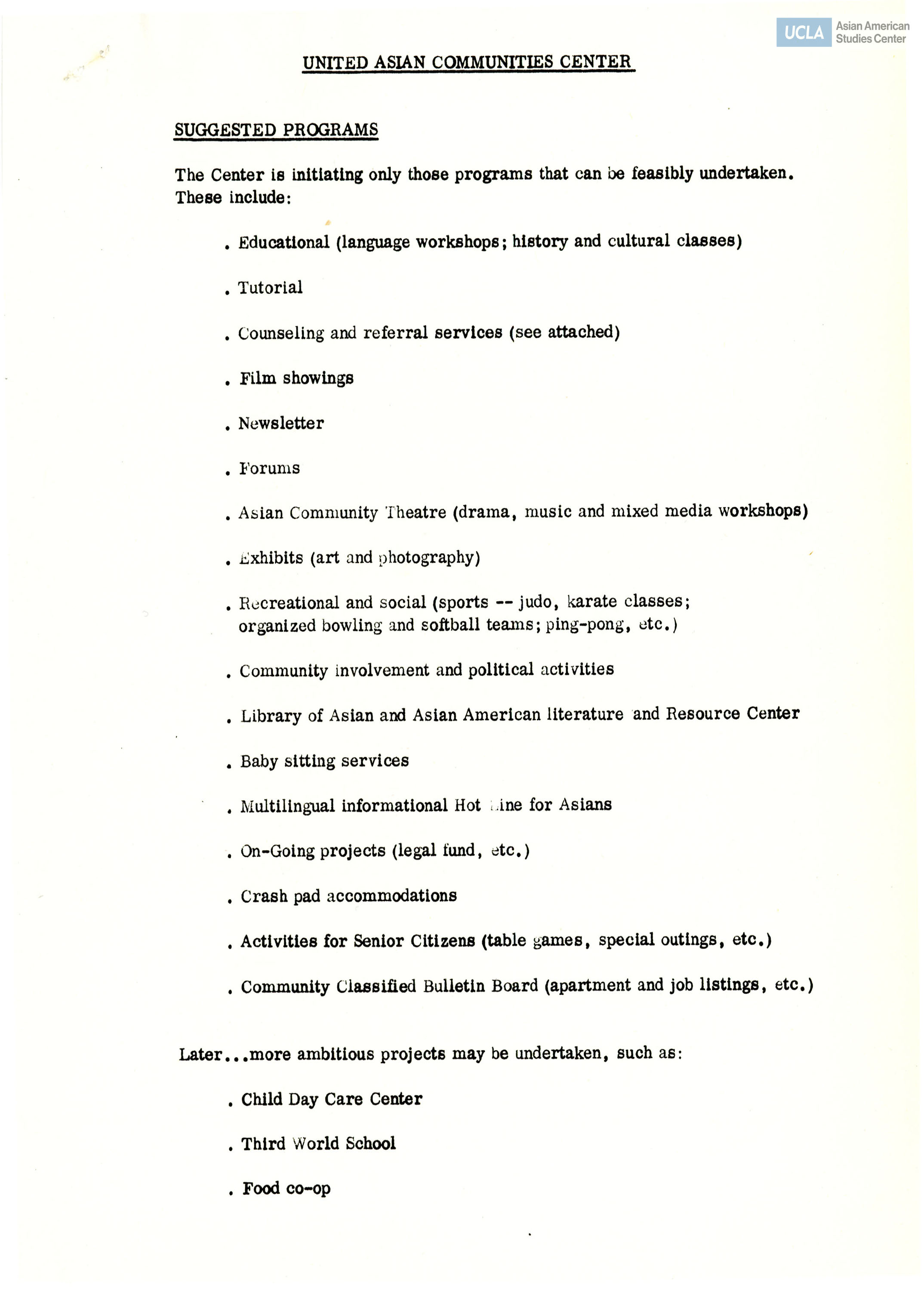 Suggested programs of the United Asian Communities Center.