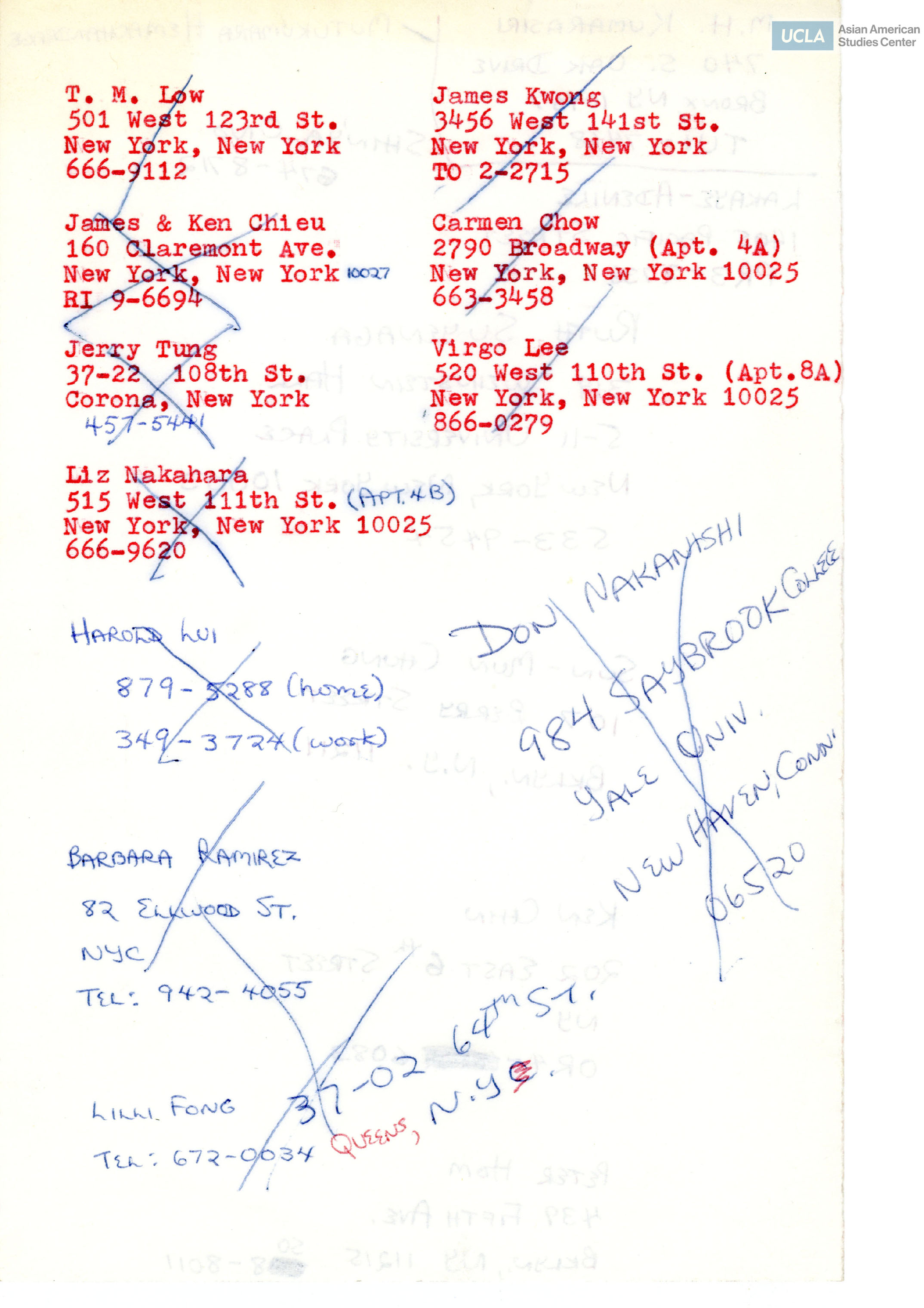 Home addresses of members with some being crossed out in an X.