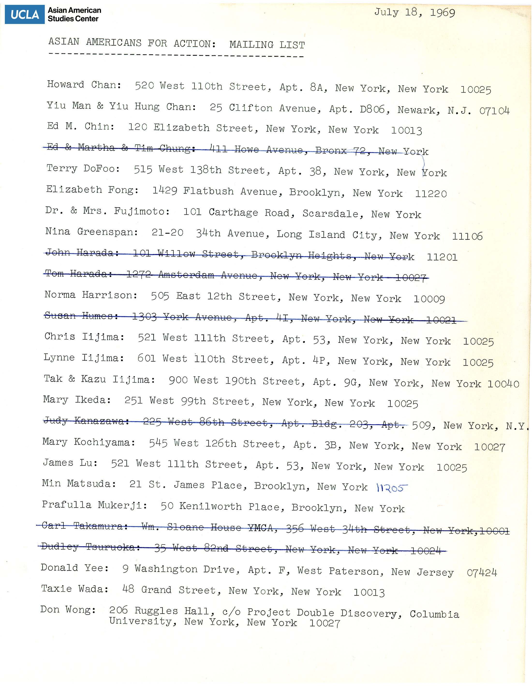 Mailing list of members from the Asian Americans for Action.