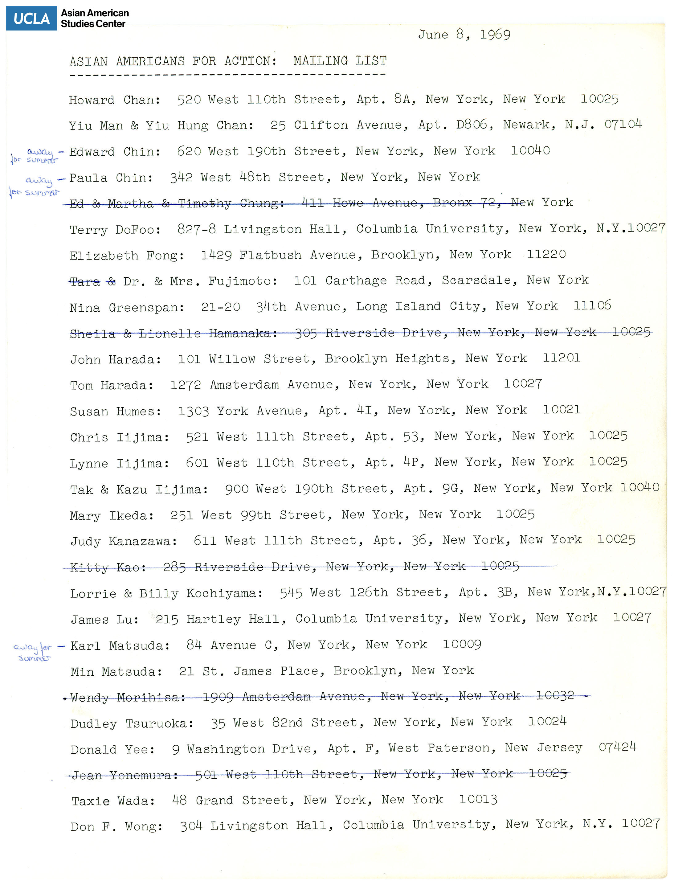 Mailing list of members from the Asian Americans for Action.
