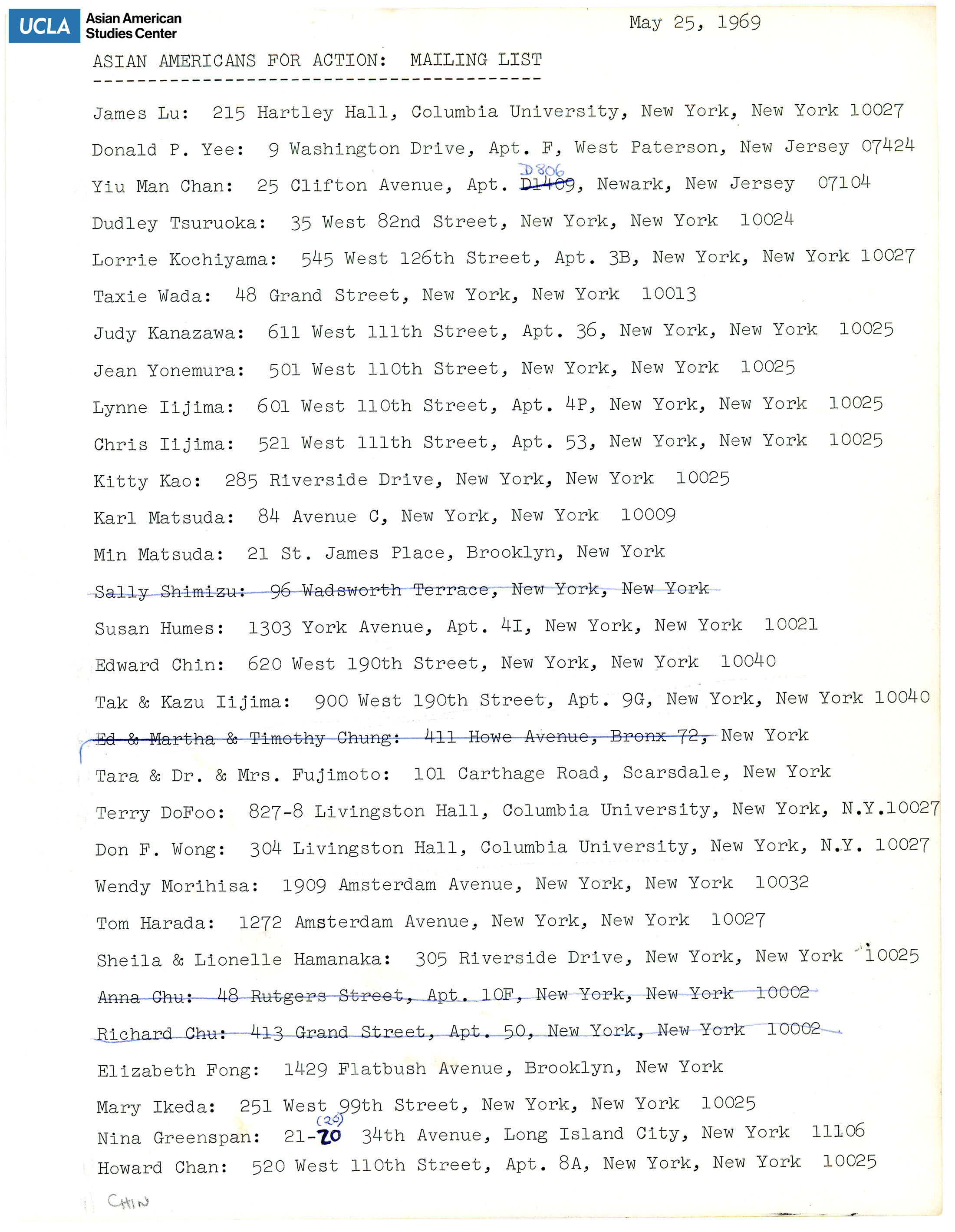 Mailing list of members from the Asian Americans for Action.