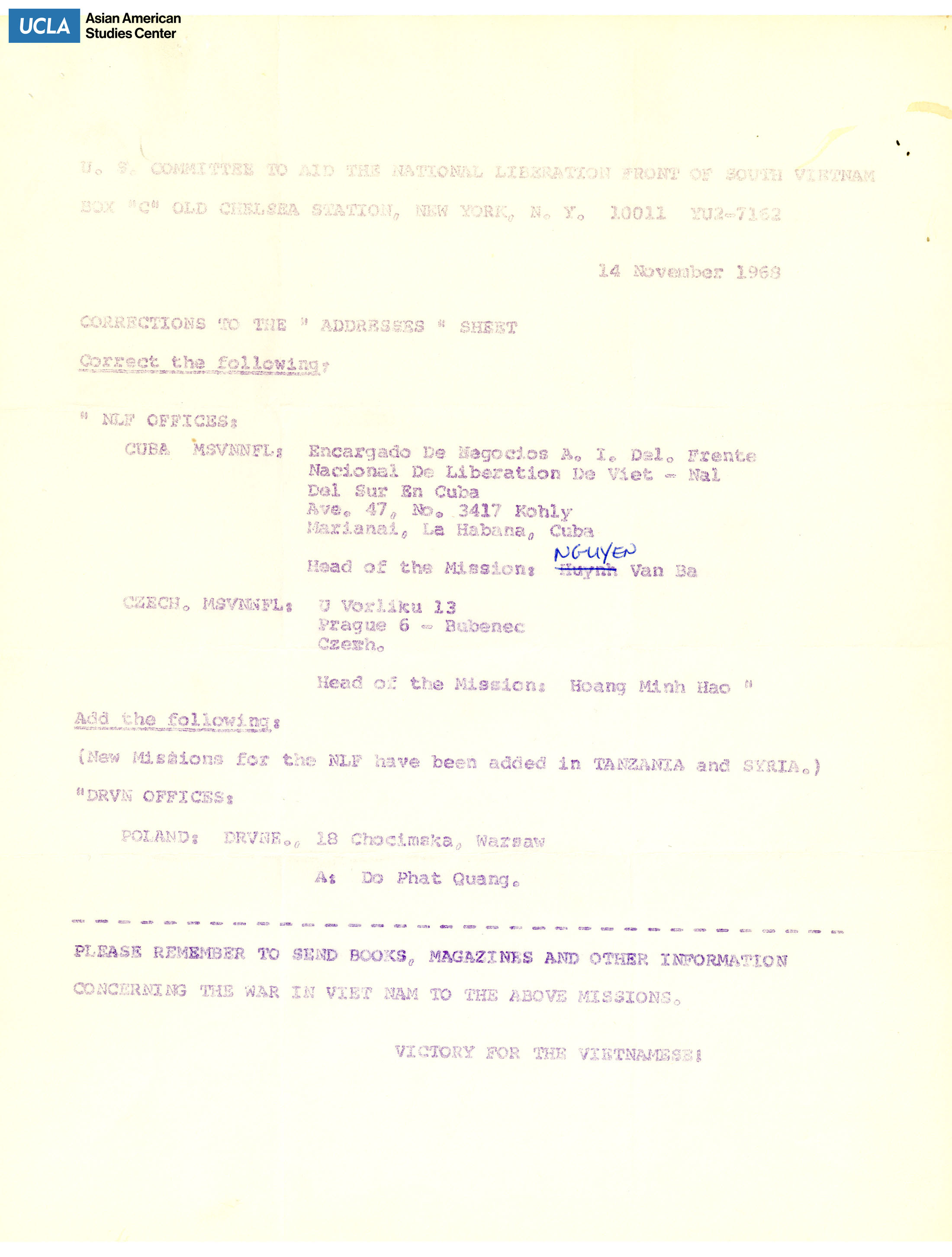 Address correction sheet from the U.S. Committee to Aid the National Liberation Front of South Vietnam.