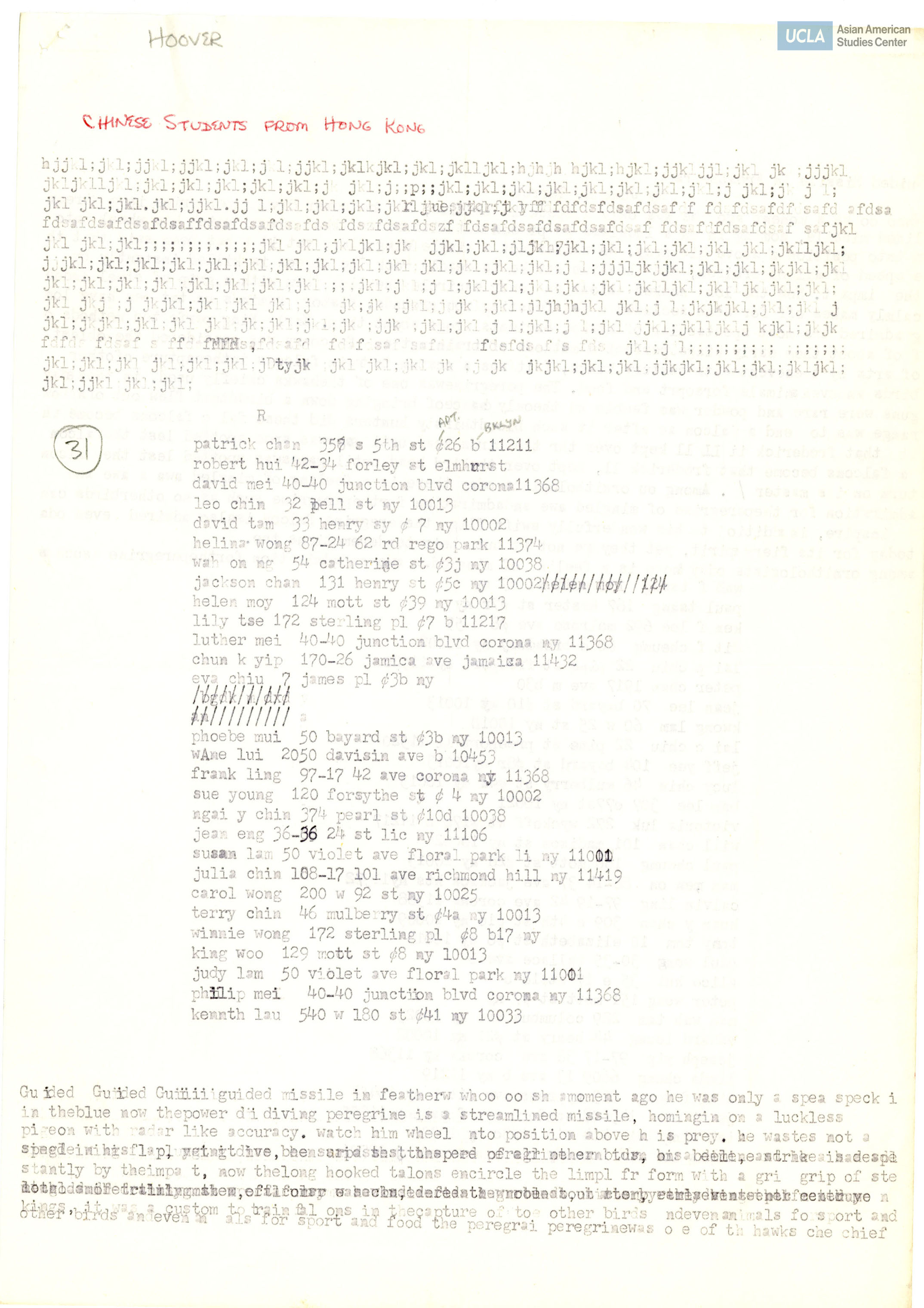 List of Chinese stuents from Hong Kong and a paragraph titled 