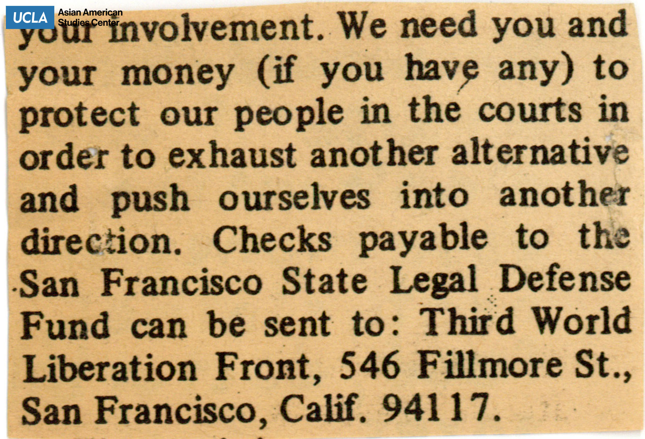 Clipping regarding the request of donations for the San Francisco State Legal Defense Fund.
