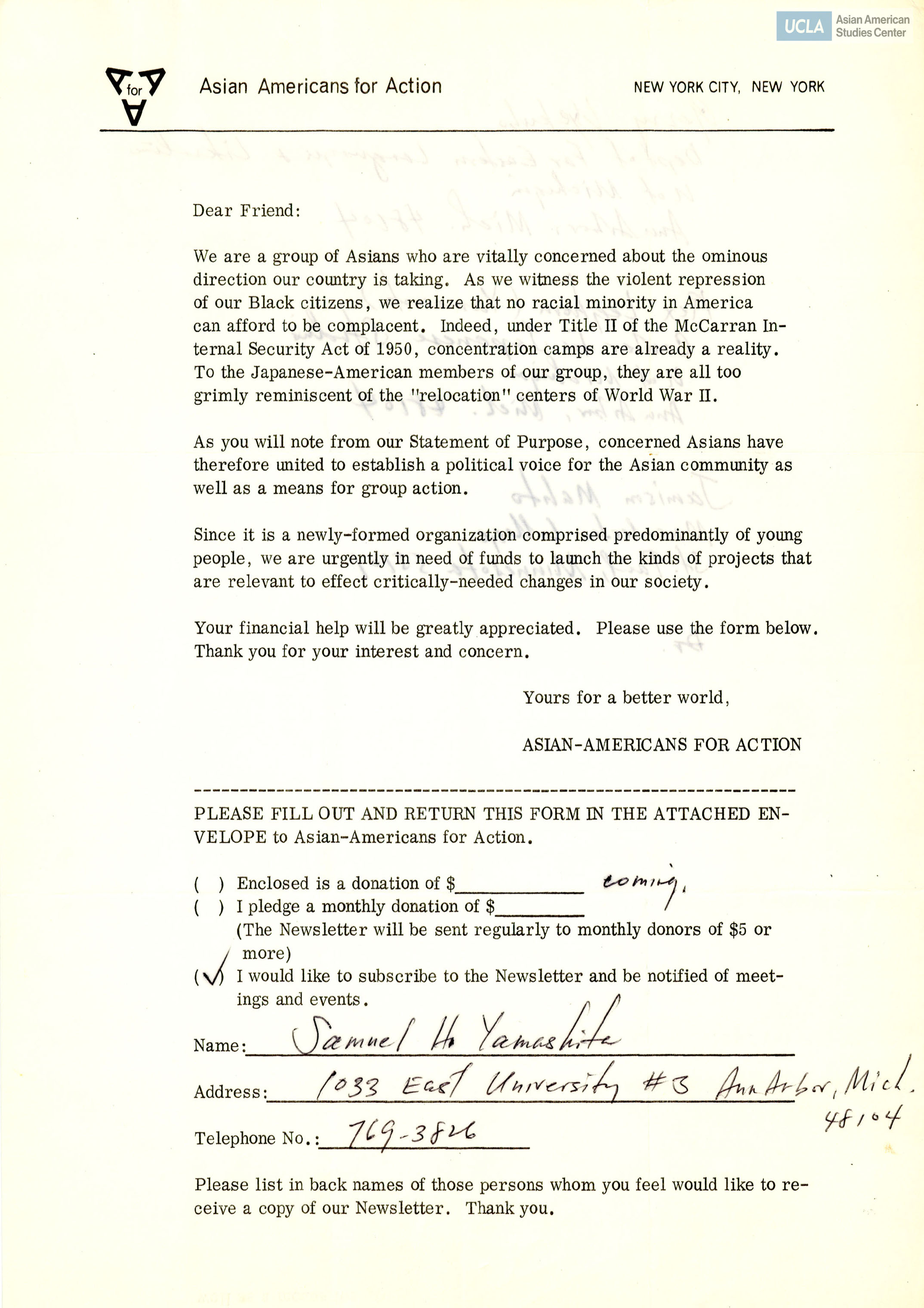 Letter on the involvement of the Asian Americans for Action. Signed by Samuel Ho Yamashita.