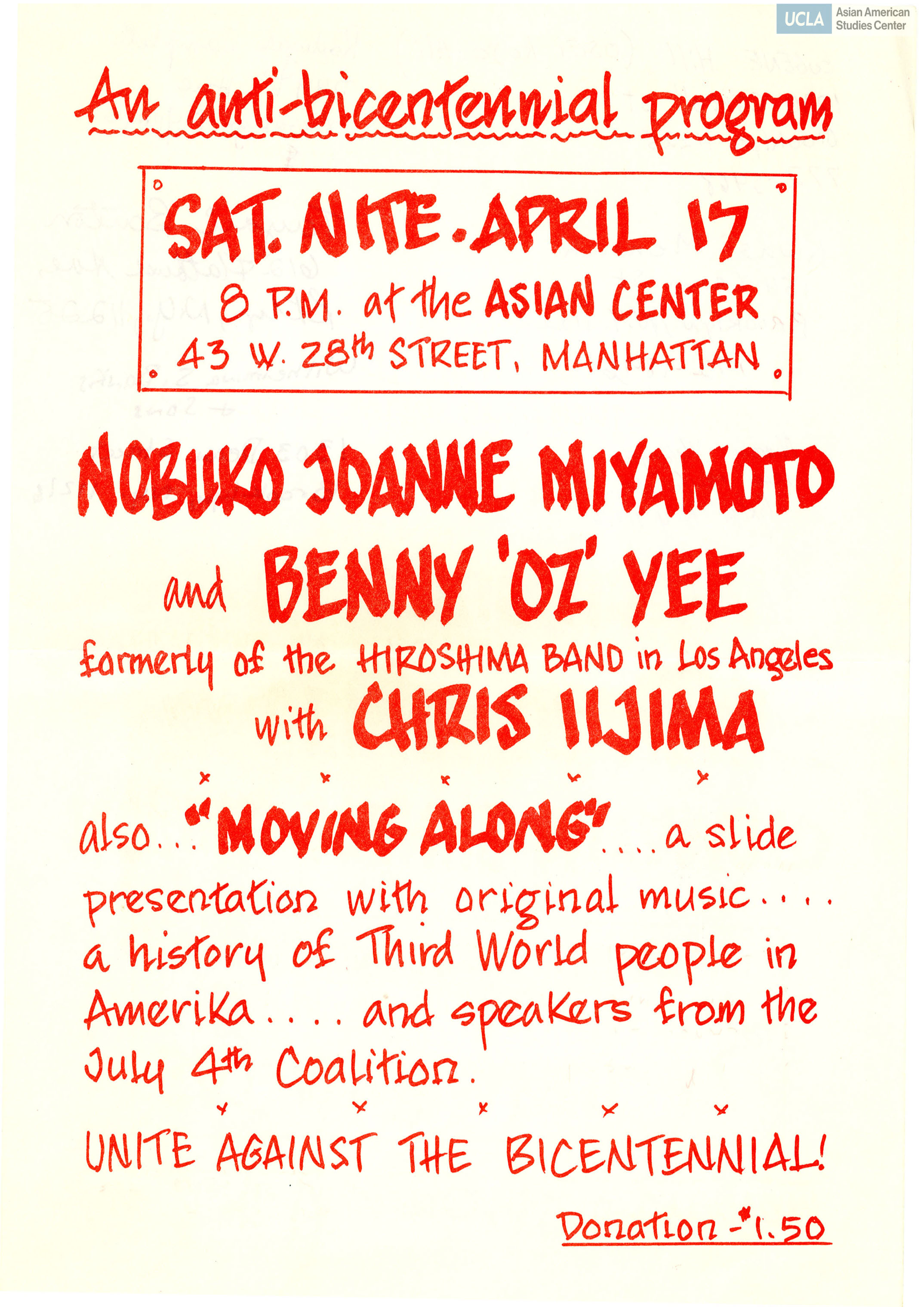 Flyer regarding an event at the Asian Center by the Unite Against the Bicentennial. Includes addresses on the backside.