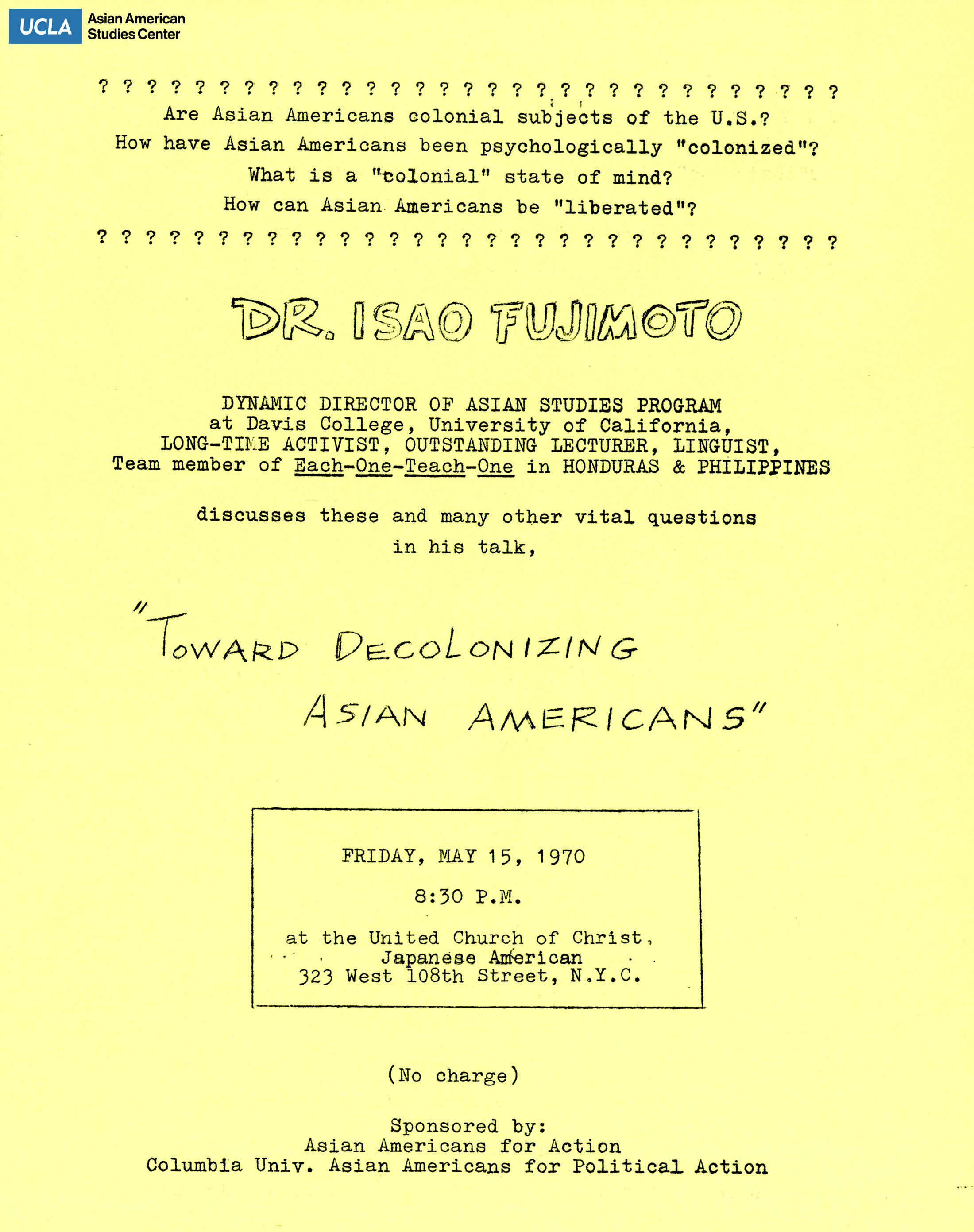 Flyer regarding a talk by Dr. Isao Fujimoto, director of the Asian Studies Program as UC Davis.