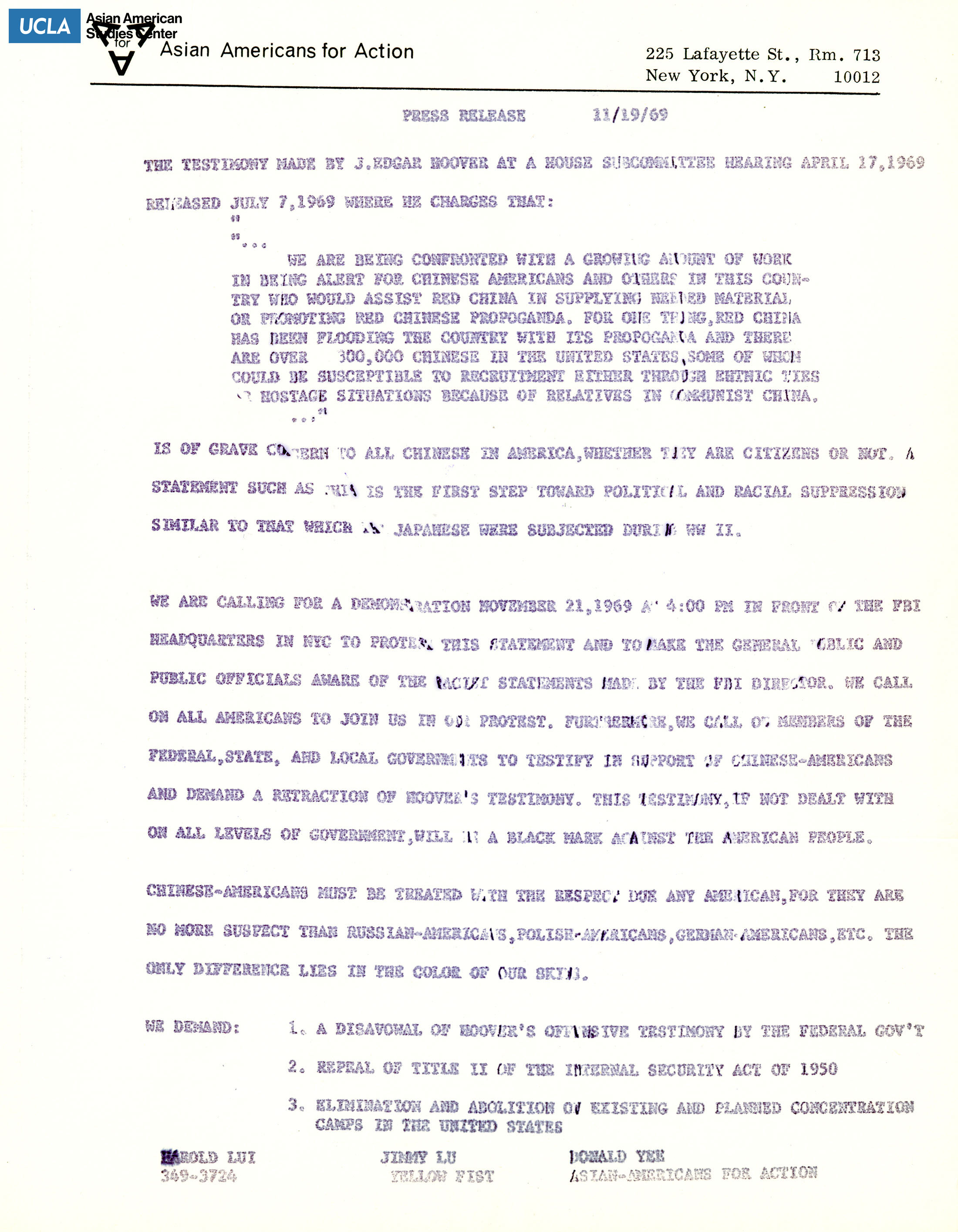 Press release regarding the demonstration of J. Edgar Hoover's testimony.
