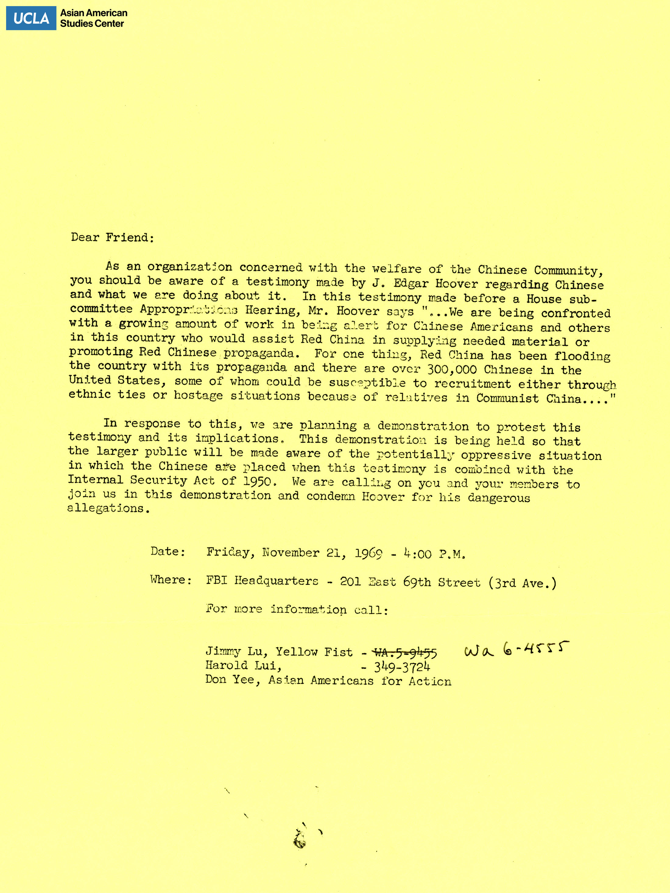 Letter regarding support from the Chinese community for the demonstration of J. Edgar Hoover's testimony.