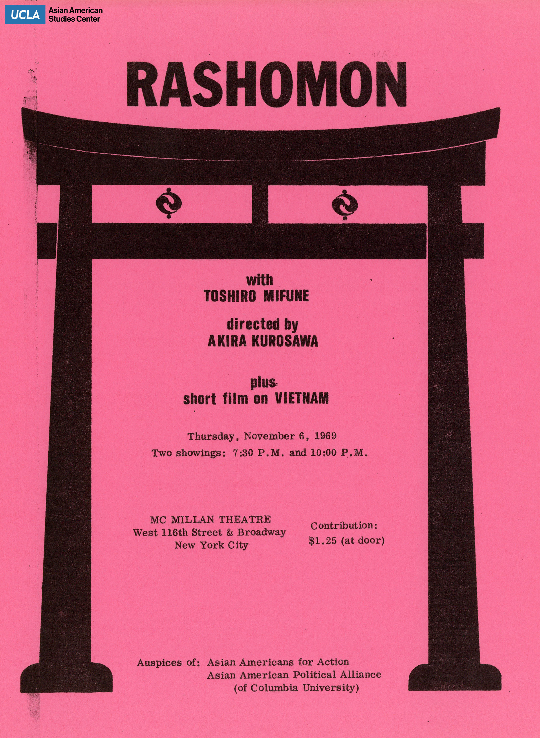 Flyer regarding a screen filming of Roshomon and a film on Vietnam.
