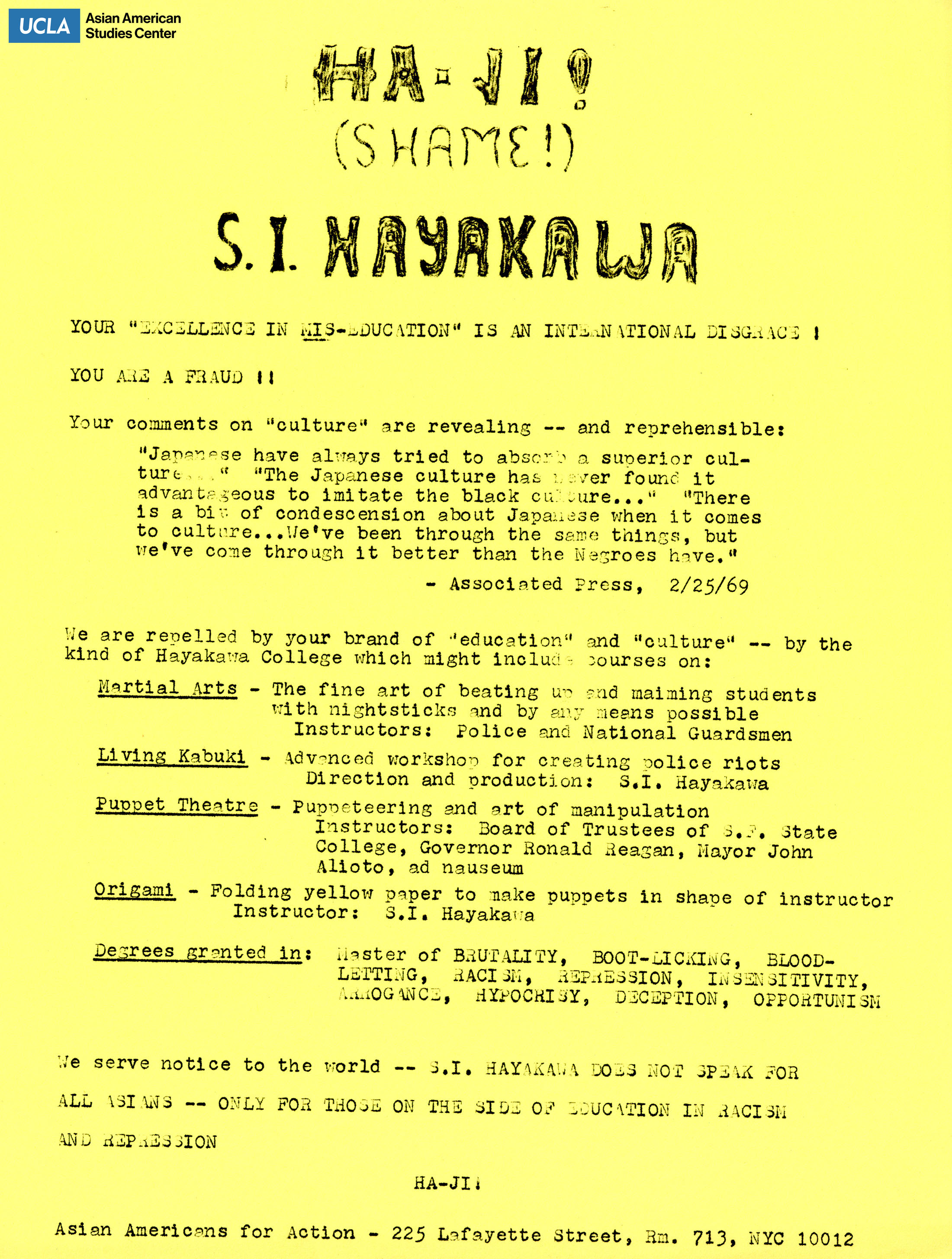 Flyer regarding the demonstration of Hayakawa College.