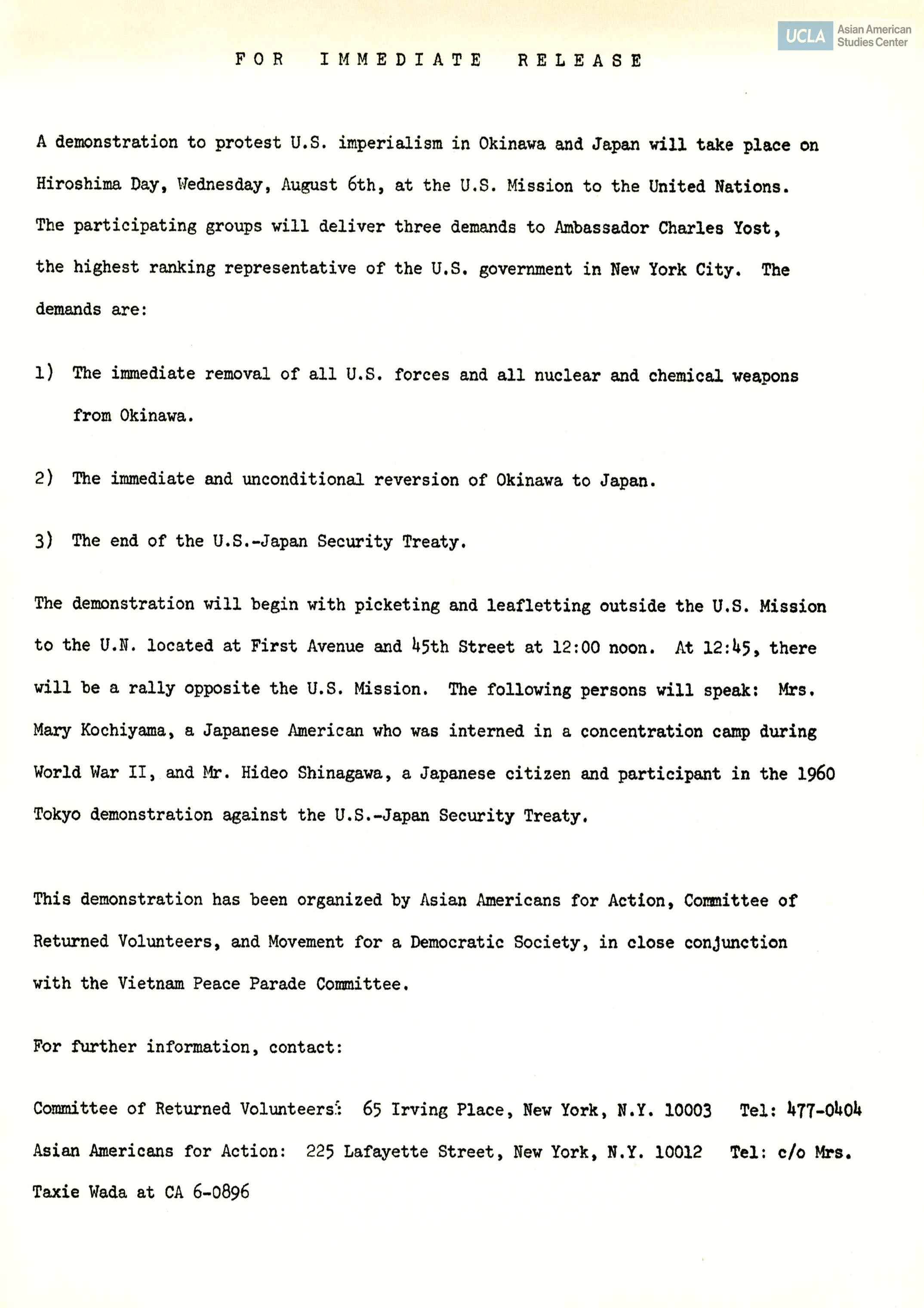 Press release for the demontration of U.S. Imperialism in Okinawa on Hiroshima Day .