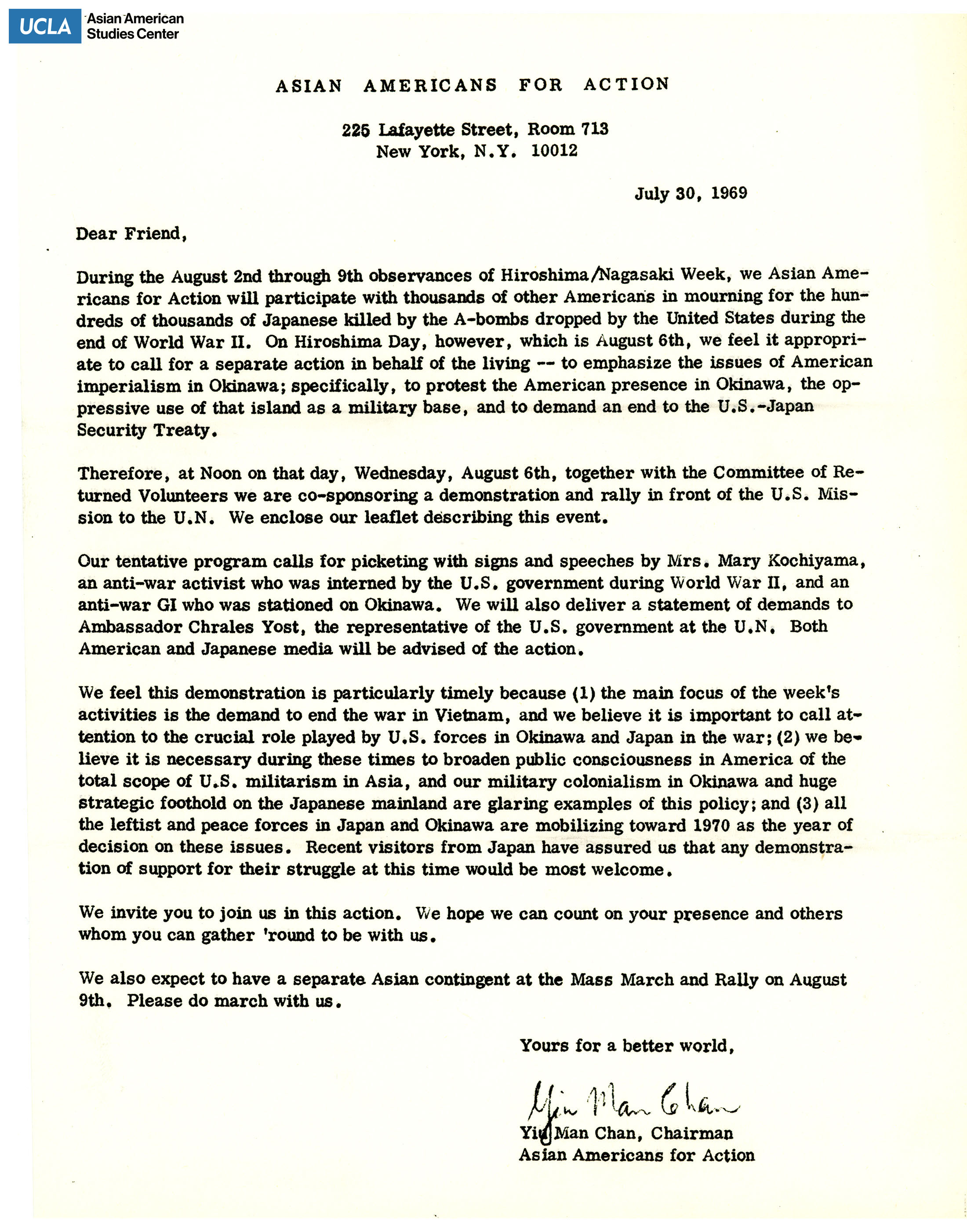 Letter regarding the observances of Hiroshima Day and the demonstration of the Vietnam War.