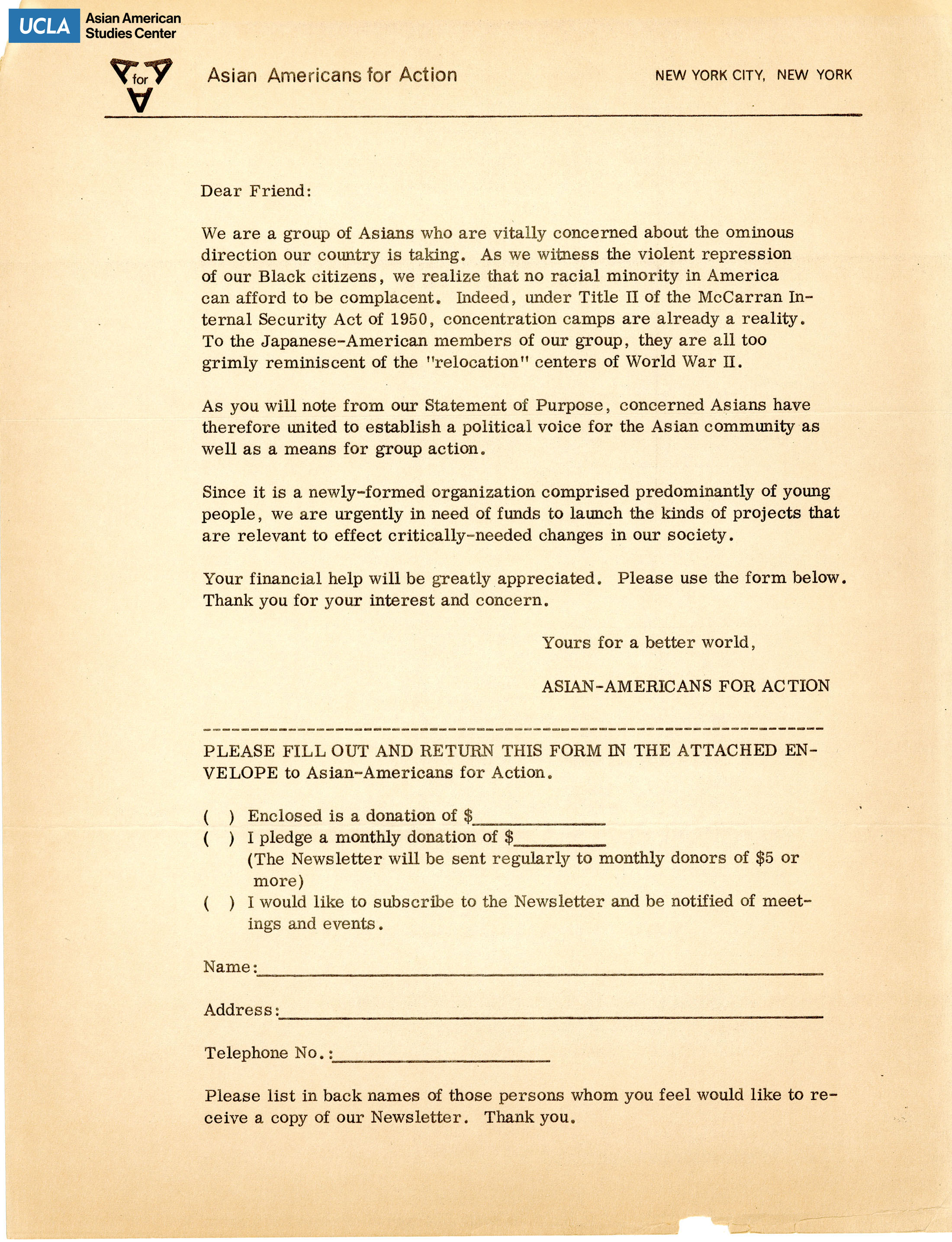 Form of membership and contribution from the Asian Americans for Action.