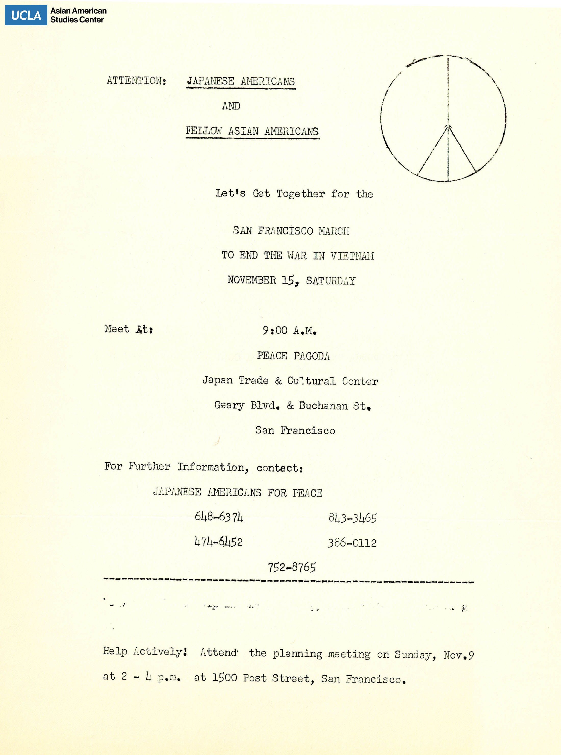 Flyer regarding the march against the Vietnam War with the support of Japanese Americans and Asian Americans.