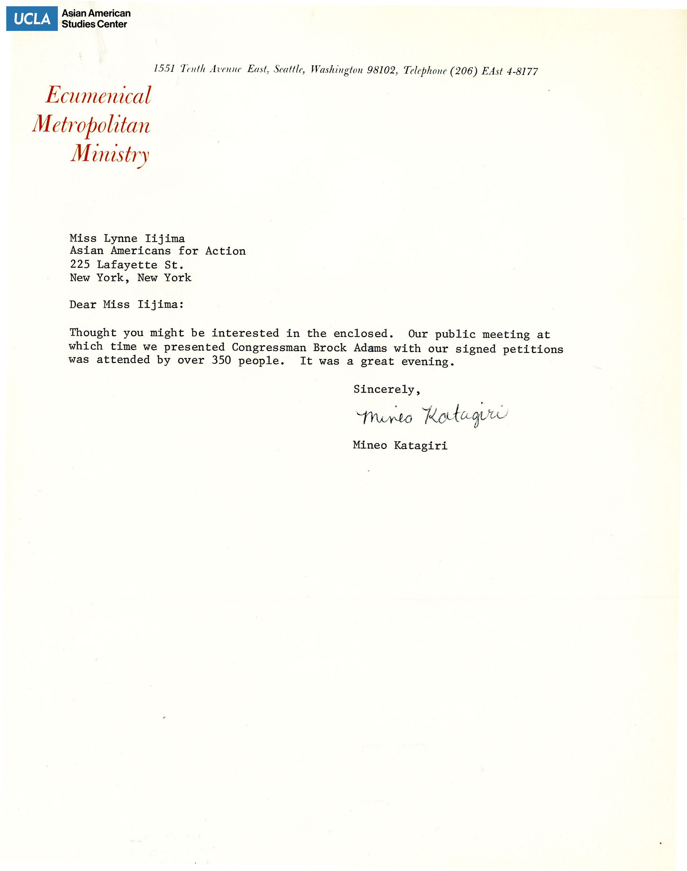 Letter regarding enclosing information and an update of the meeting with Congressman Brock Adams.