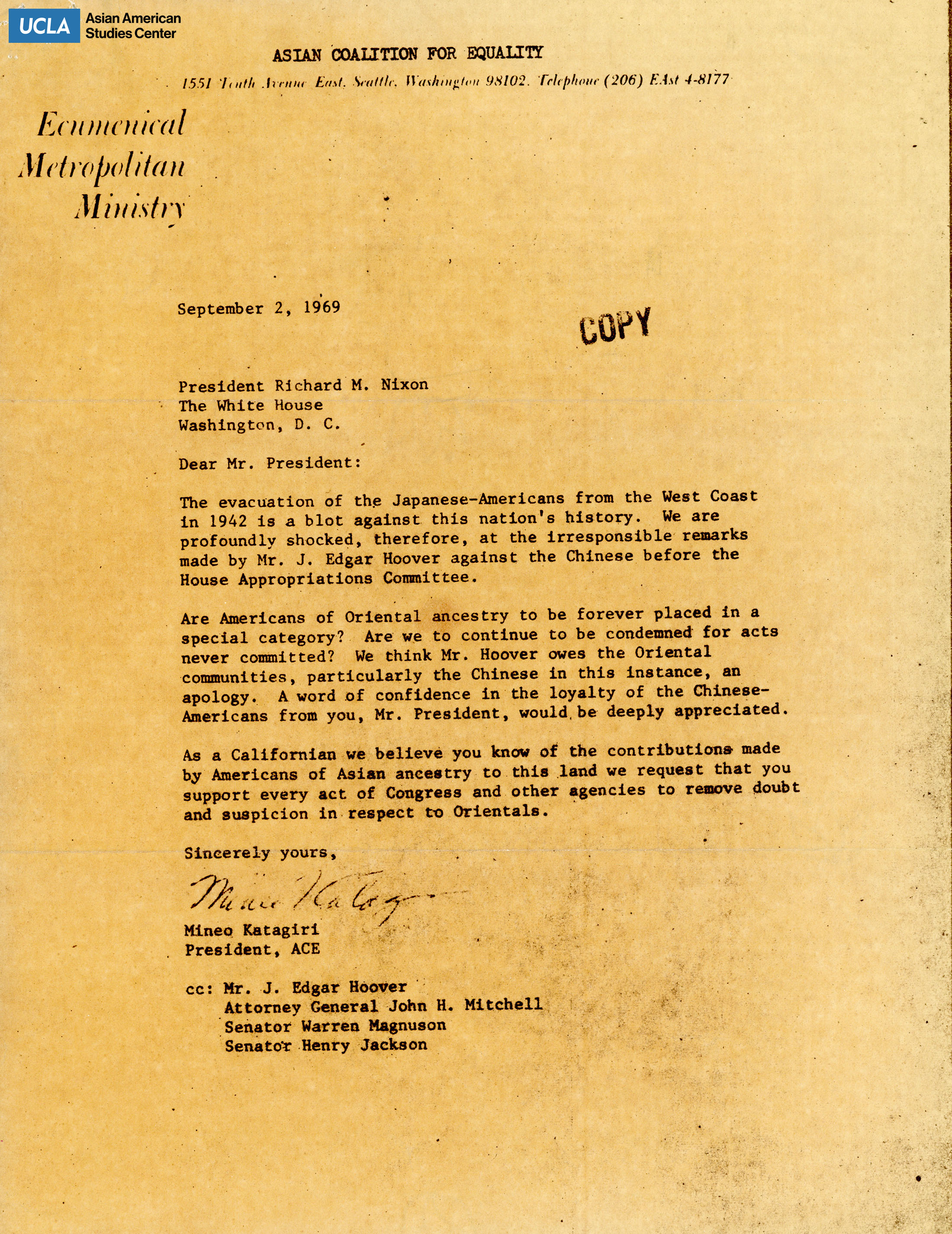 Letter regarding the racists remarks of J. Edgar Hoover on the Chinese and the push for an apology.