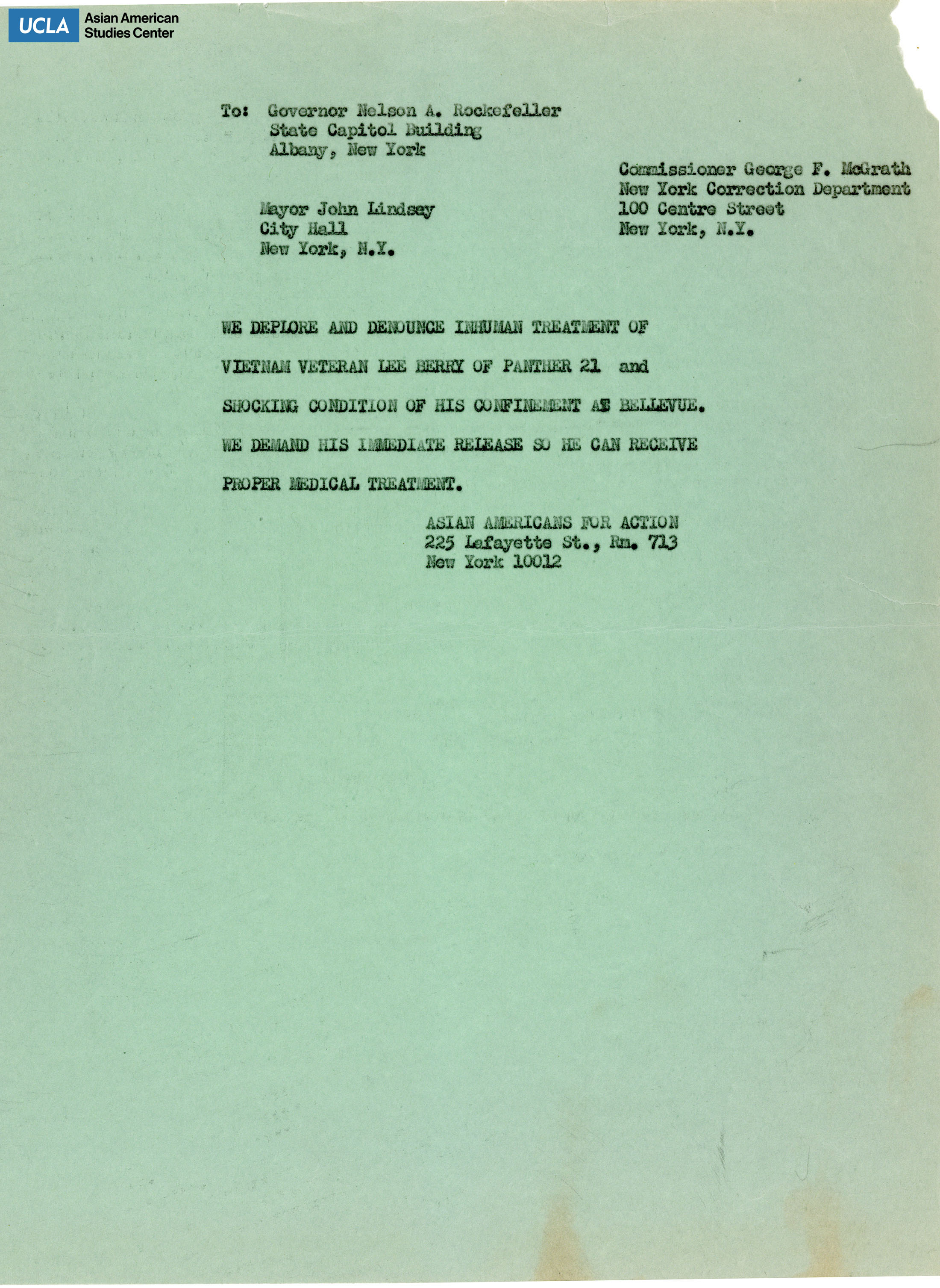 Letter regarding the treatment of Lee Berry while in confinement and the request for immediate release.