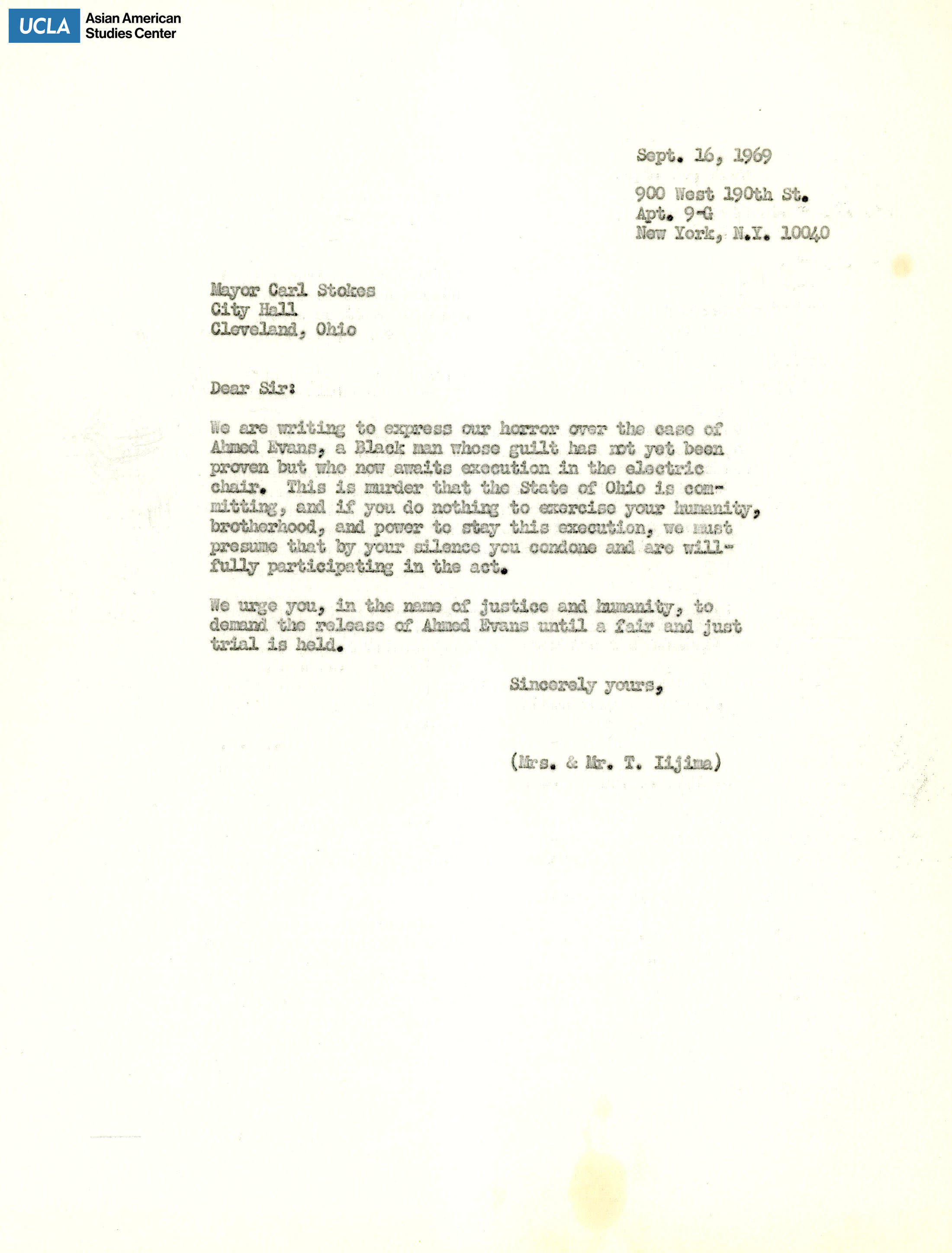 Letter regarding the incarceration of Ahmed Evans and for his trial and release.