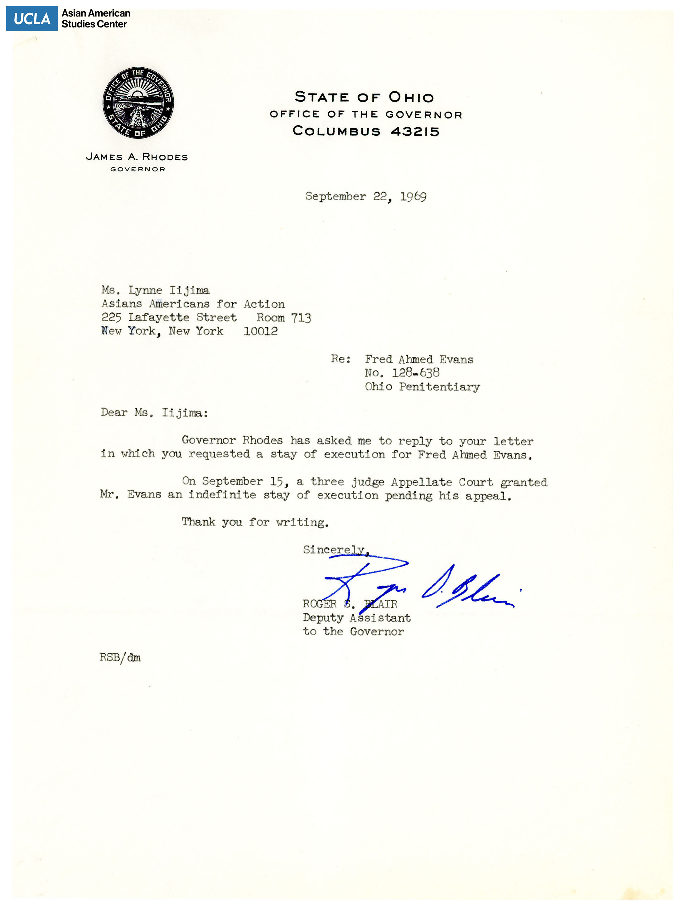 Letter regarding the indefinite stay of execution of Fred Ahmed Evans.