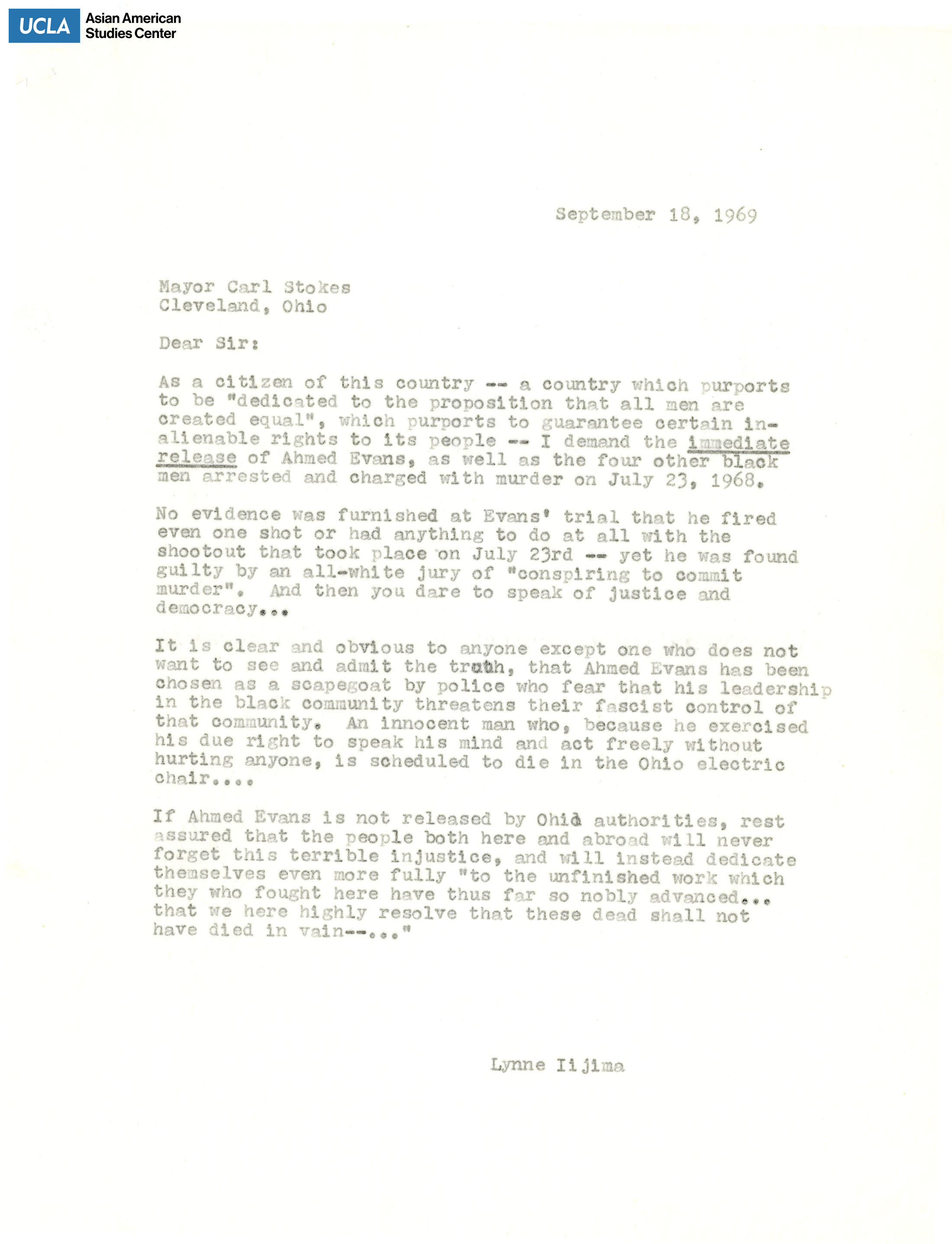 Letter regarding the incarceration of Ahmed Evans and the push for his trial and release.