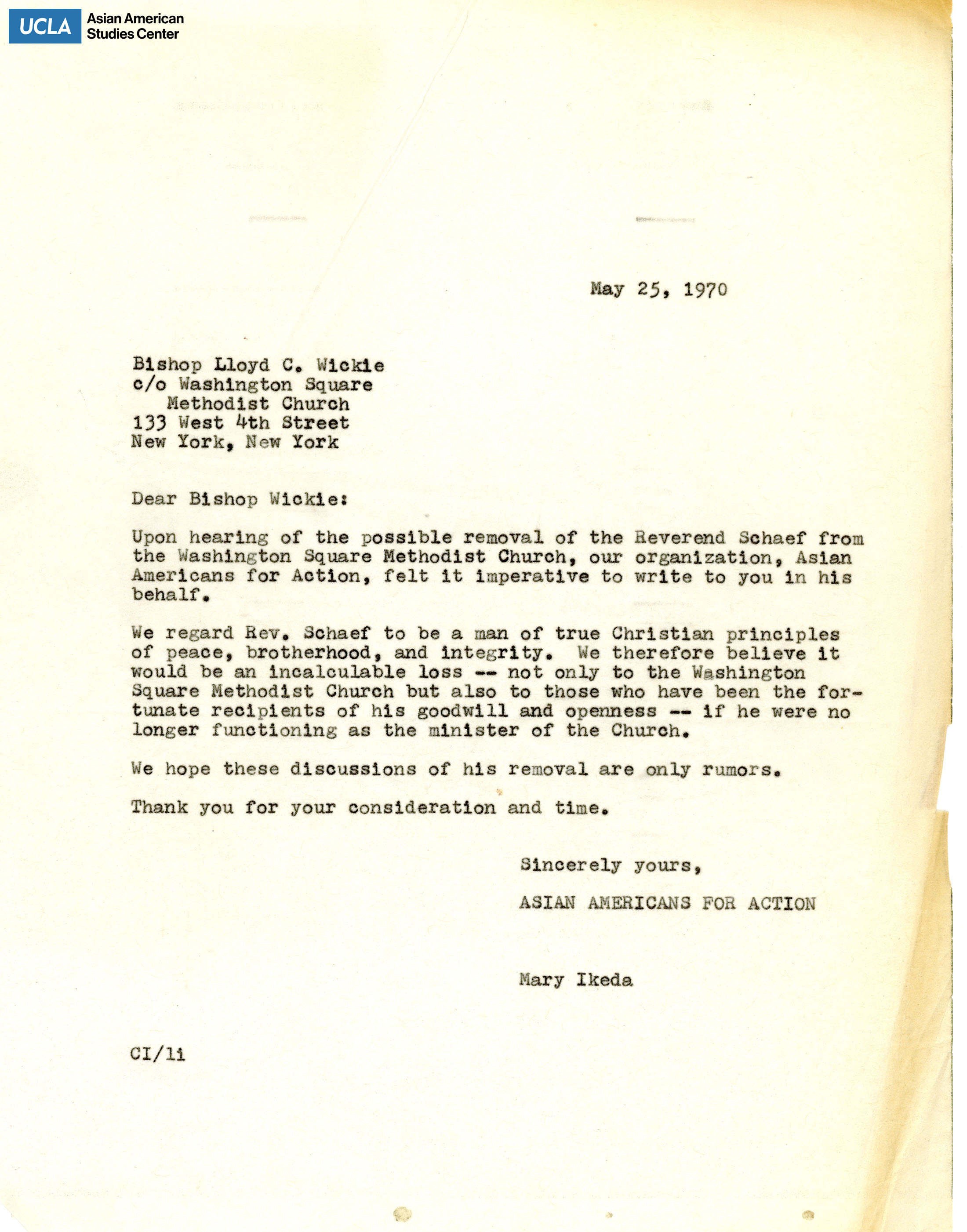 Letter regarding the stop to the possible removal of Reverend Schaef from the Washington Square Methodist Church and the support of him.