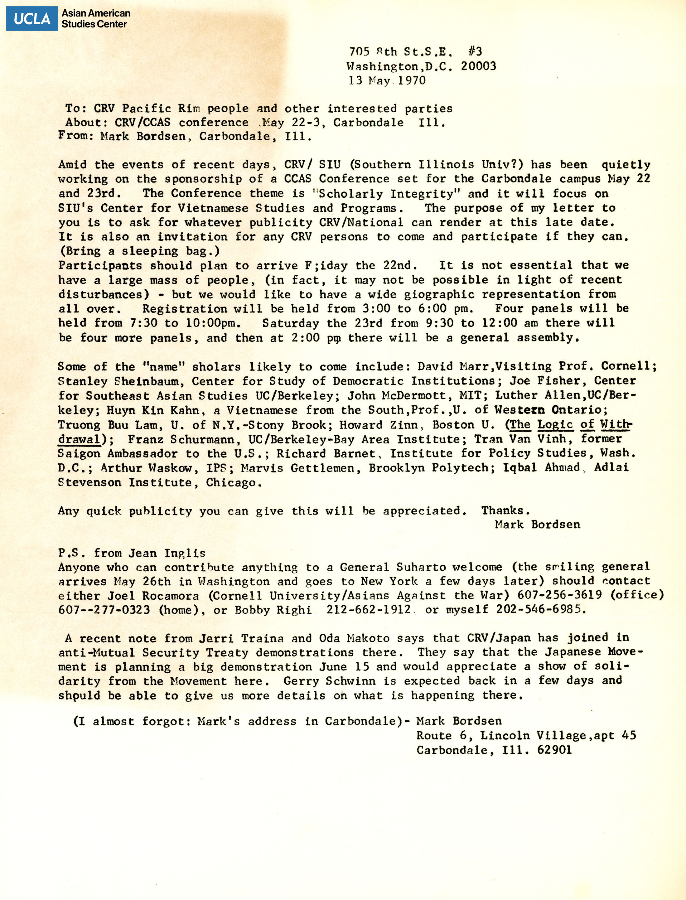 Letter regarding a conference regarding the Pacific Rim people.
