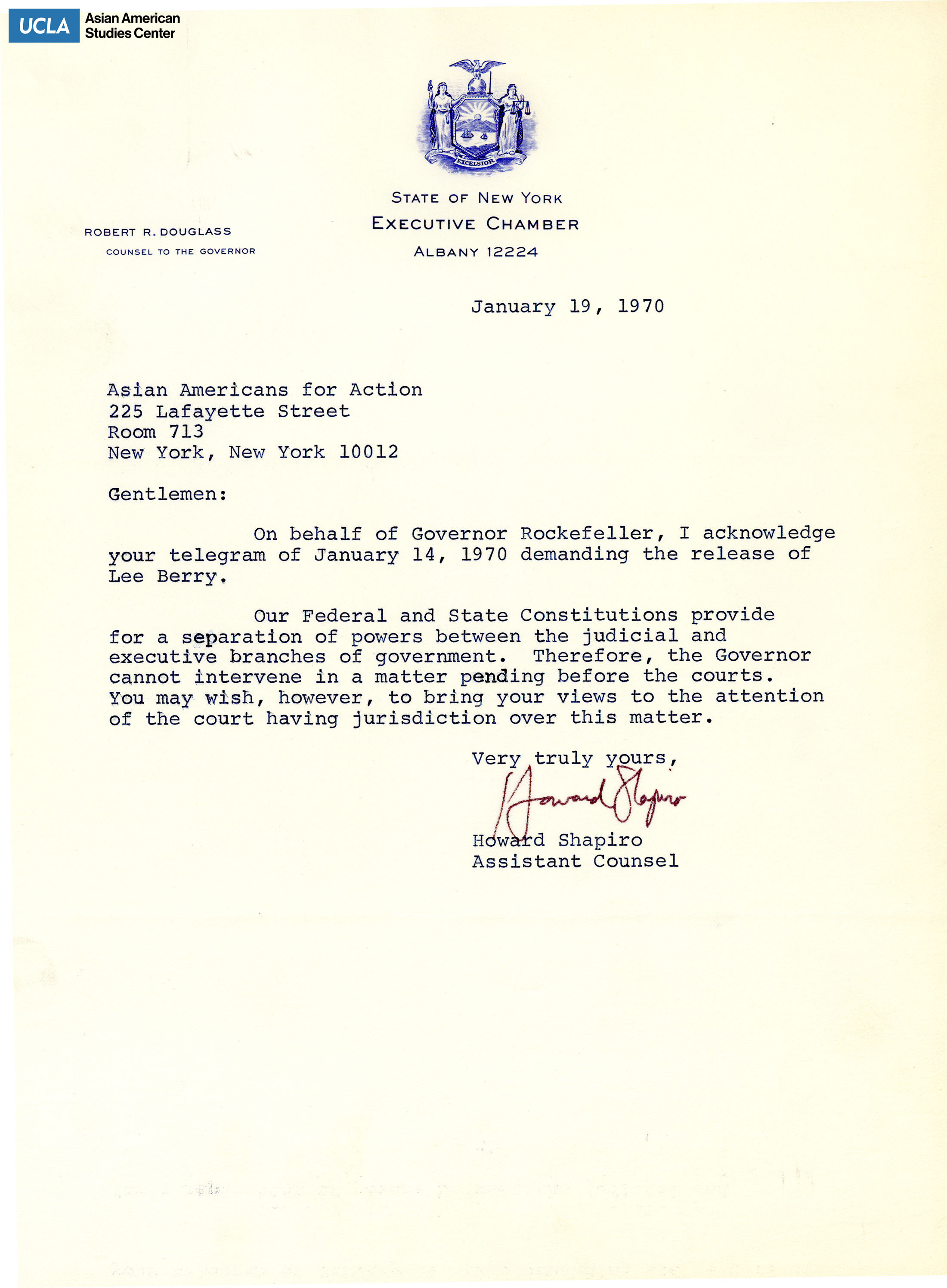 Letter regarding the acknowledgements of a telegram sent on January 14, 1970.