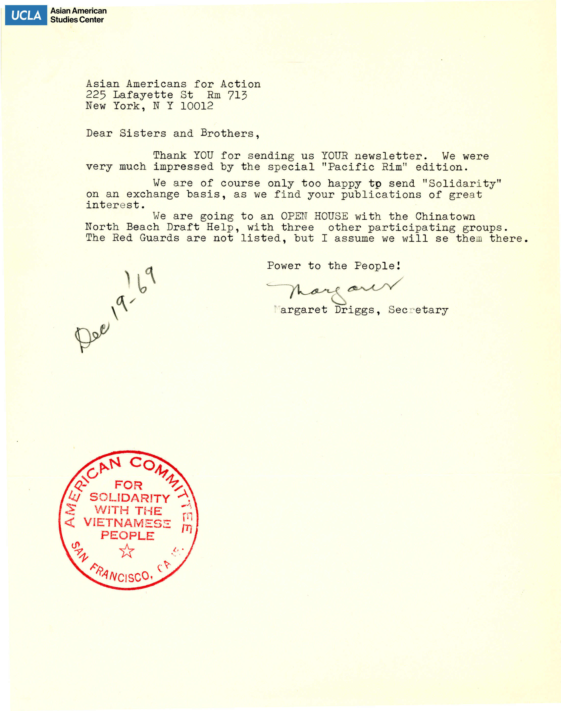 Letter regarding sending the newsletter Solidarity and attending an open house.