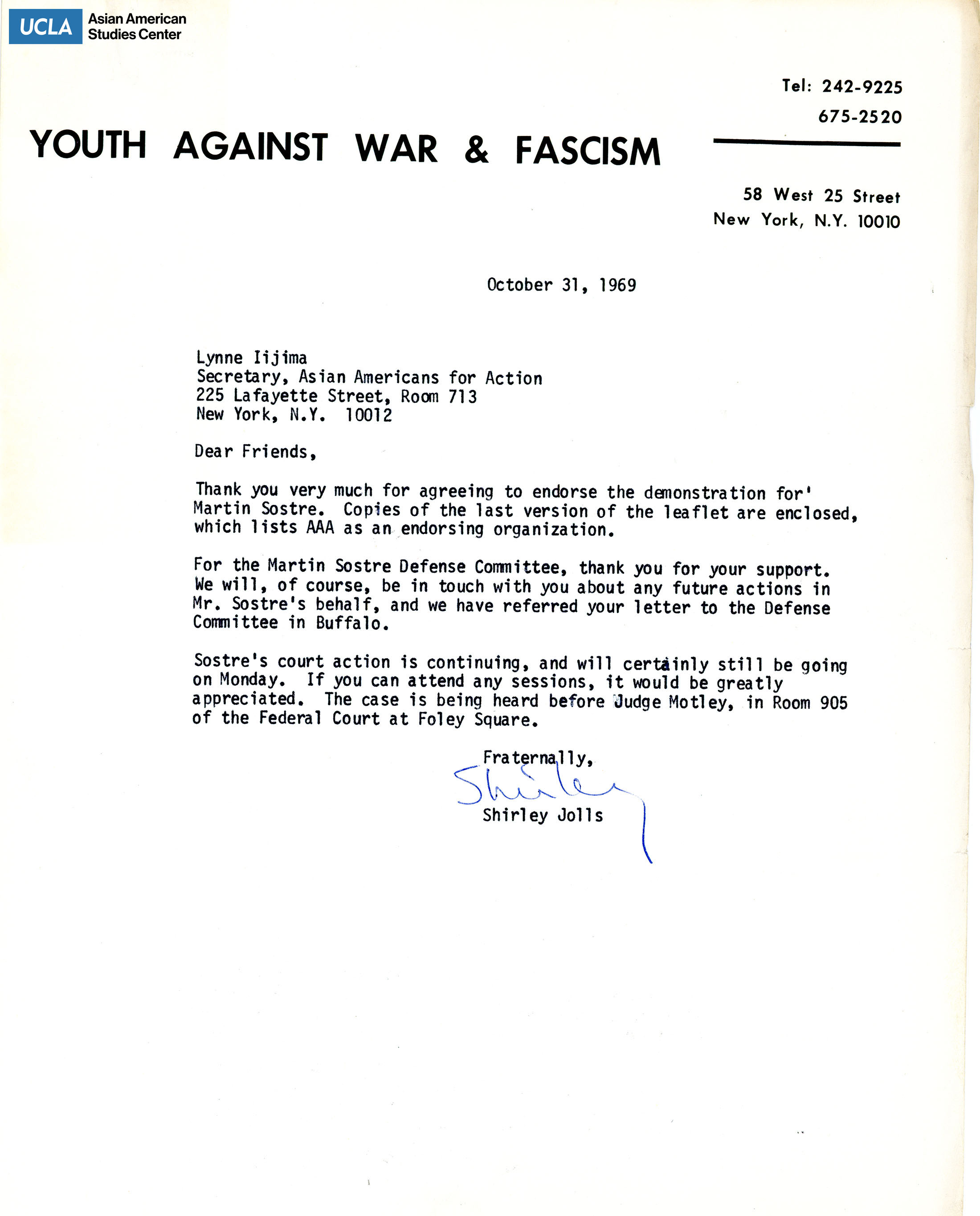 Letter of thanks for the endorsement of a demonstration for Marin Sostre.