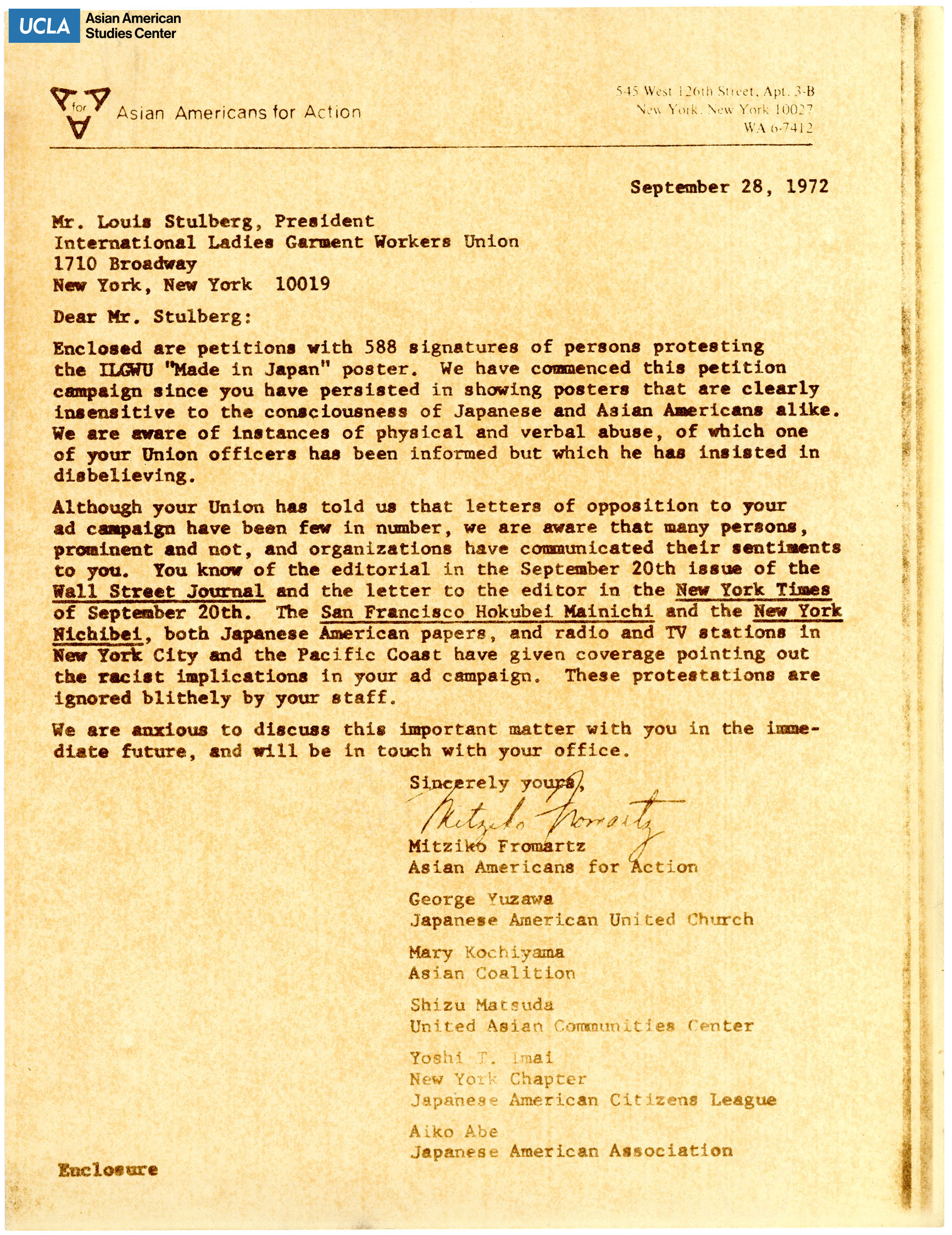 Letter regarding the petition of the International Ladies Garment Workers Union posters of 