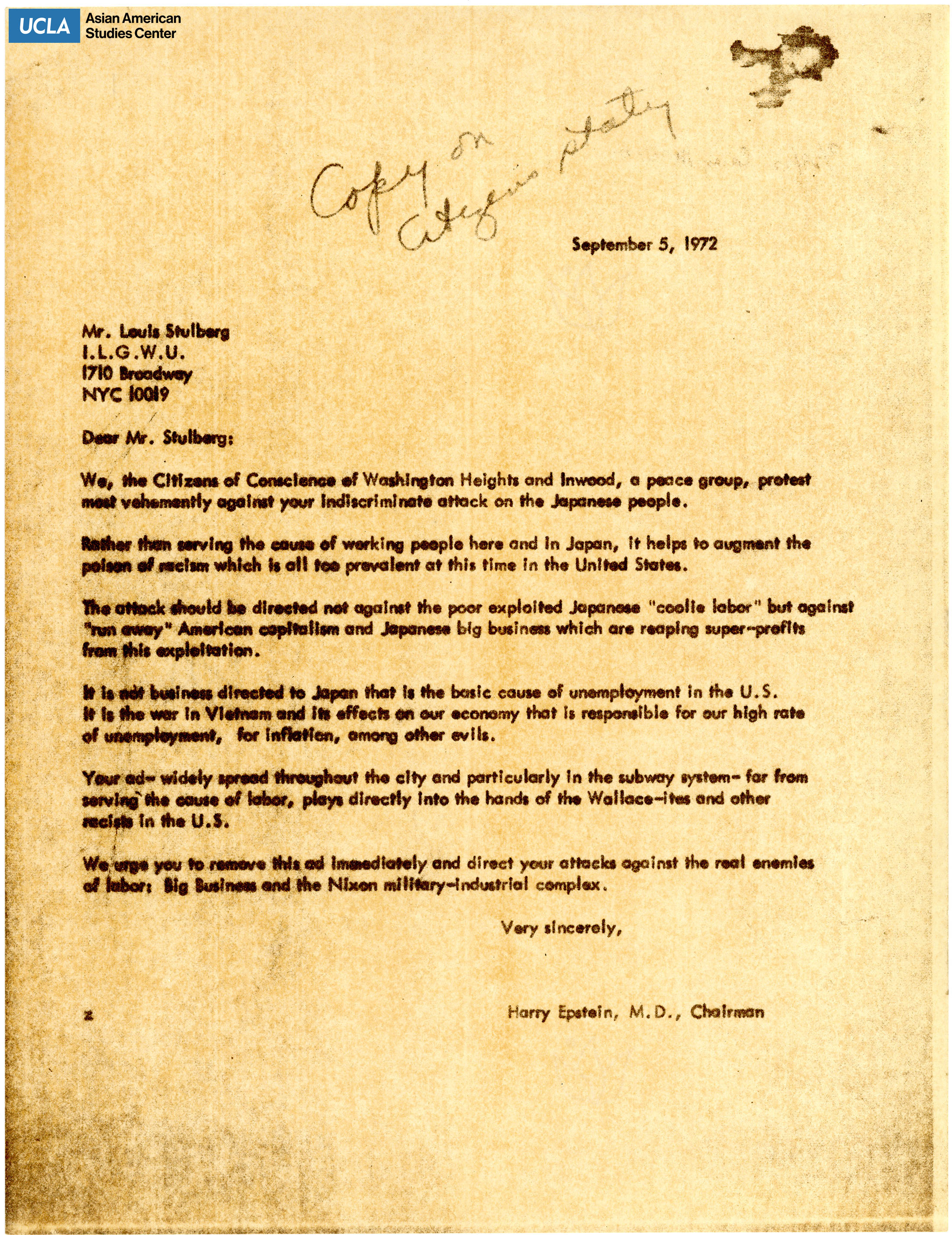 Letter regarding protest of the discriminatory attack of Japanese people.