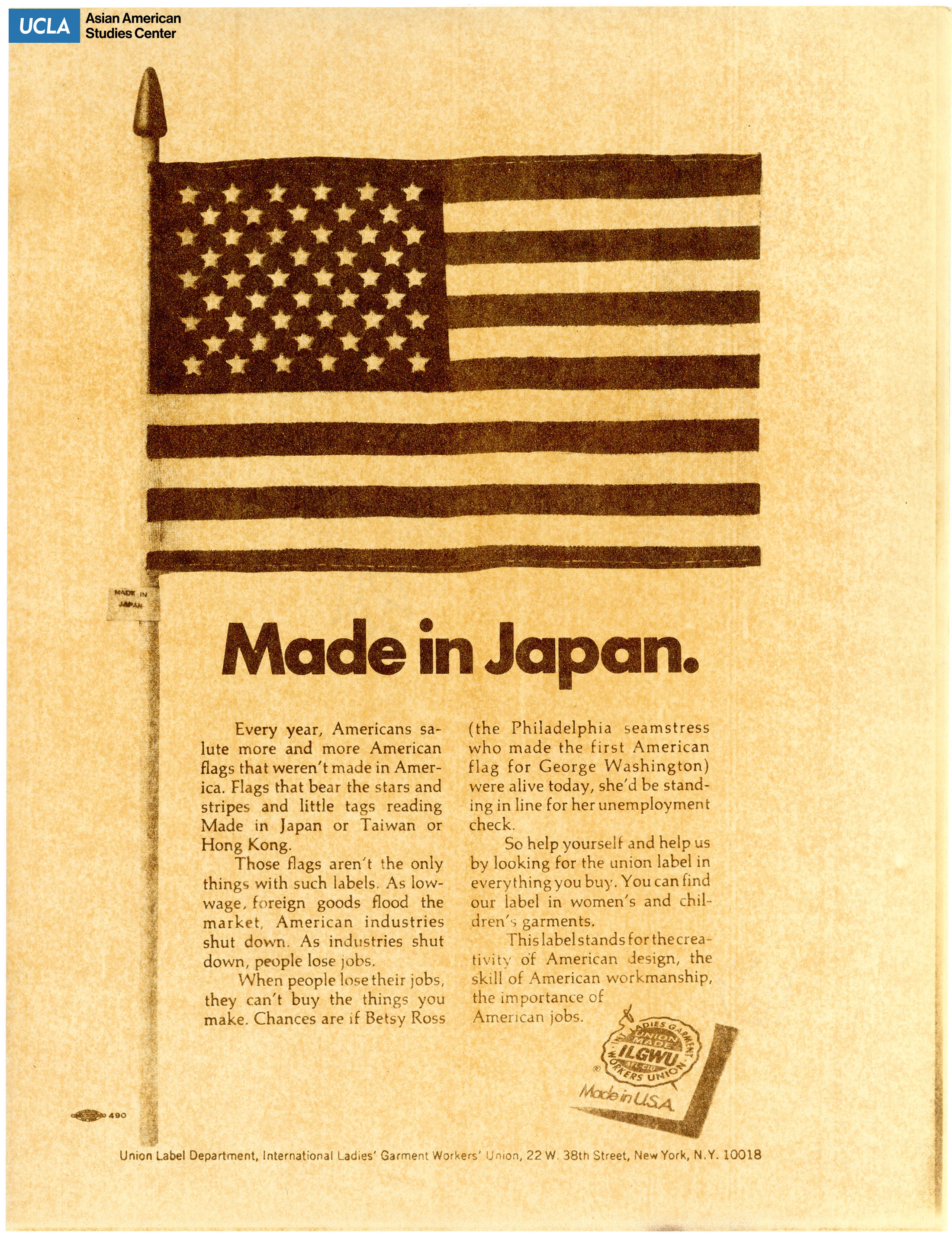 Flyer regarding the International Ladies' Garment Workers' Union against manufacturing in Asia.