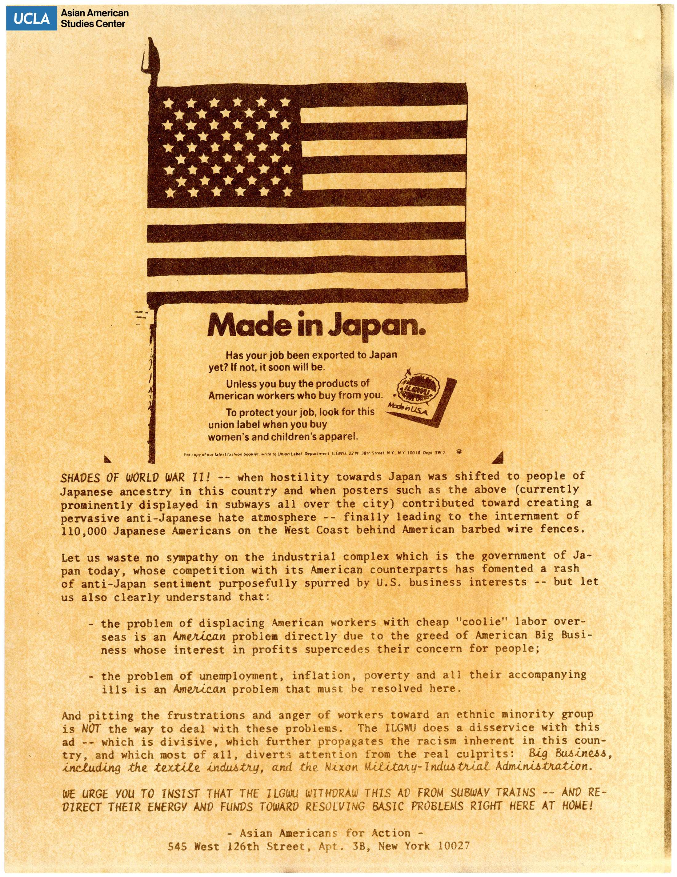 Flyer regarding the Made in Japan and written criticism from the Asian Americans for Action.