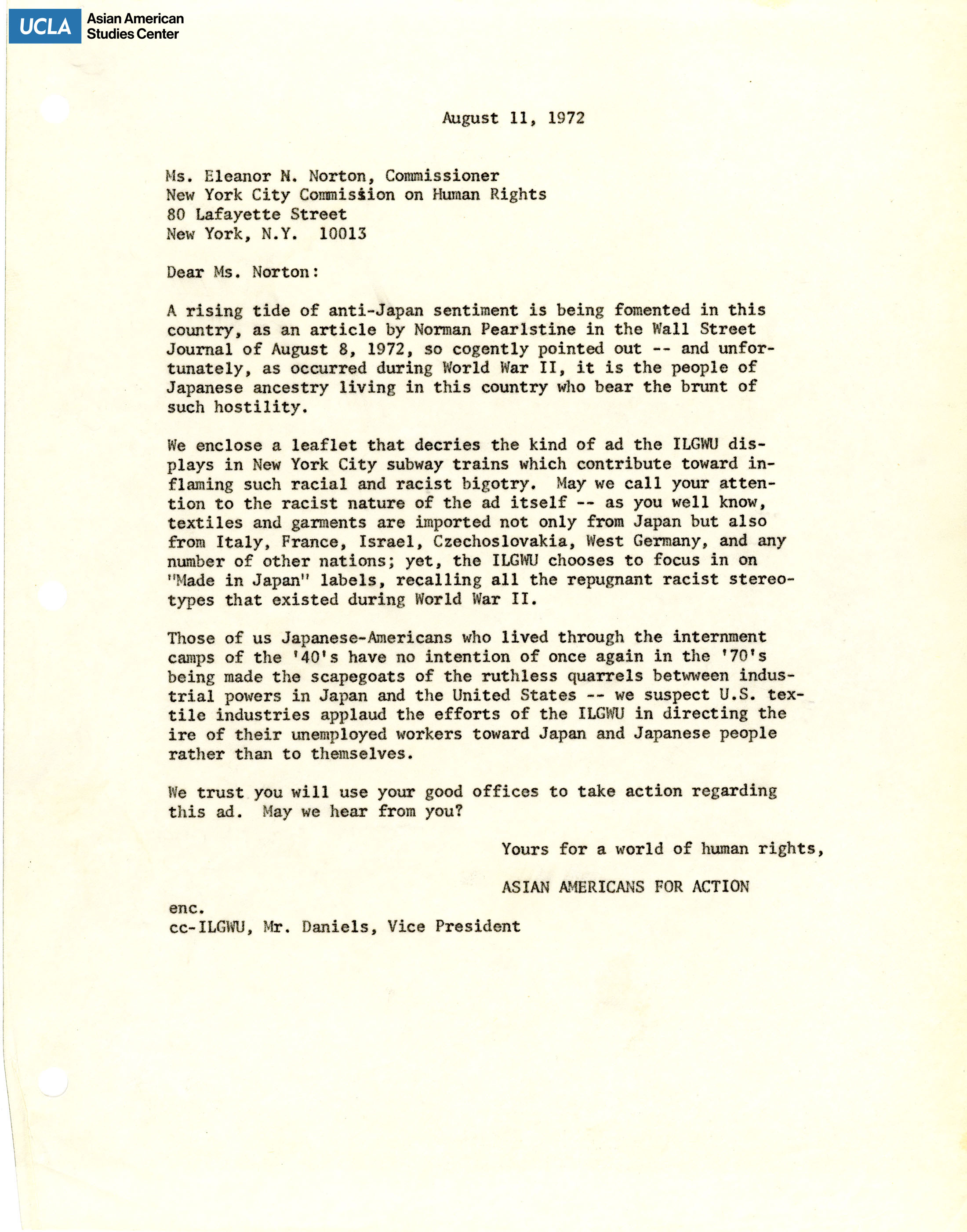 Letter regarding taking down the poster of Made in Japan from the International Ladies' Garment Workers' Union.