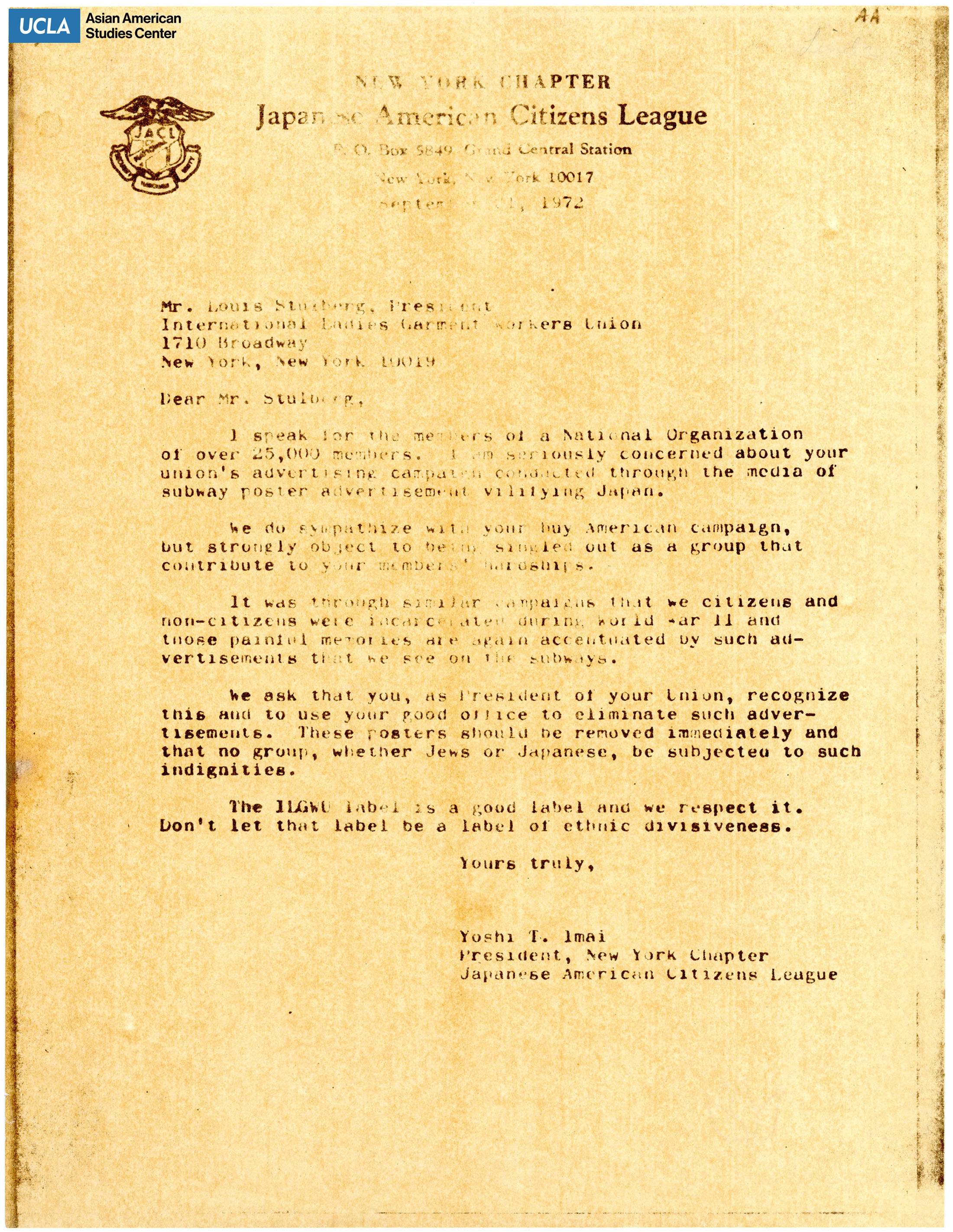 Letter regarding taking down the poster of Made in Japan from the International Ladies' Garment Workers' Union.