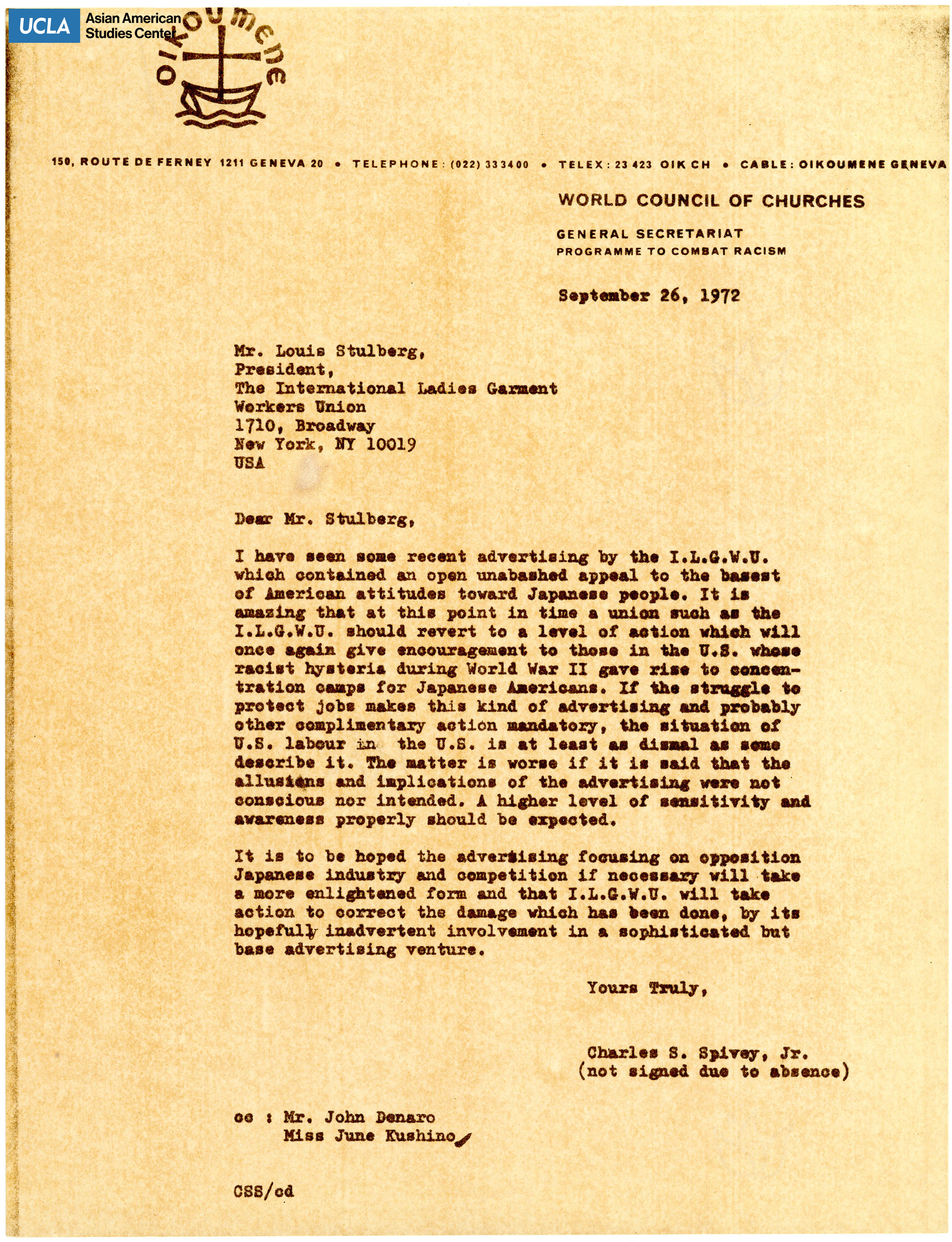 Letter regarding taking down the discriminatory poster of Made in Japan from the International Ladies' Garment Workers' Union.