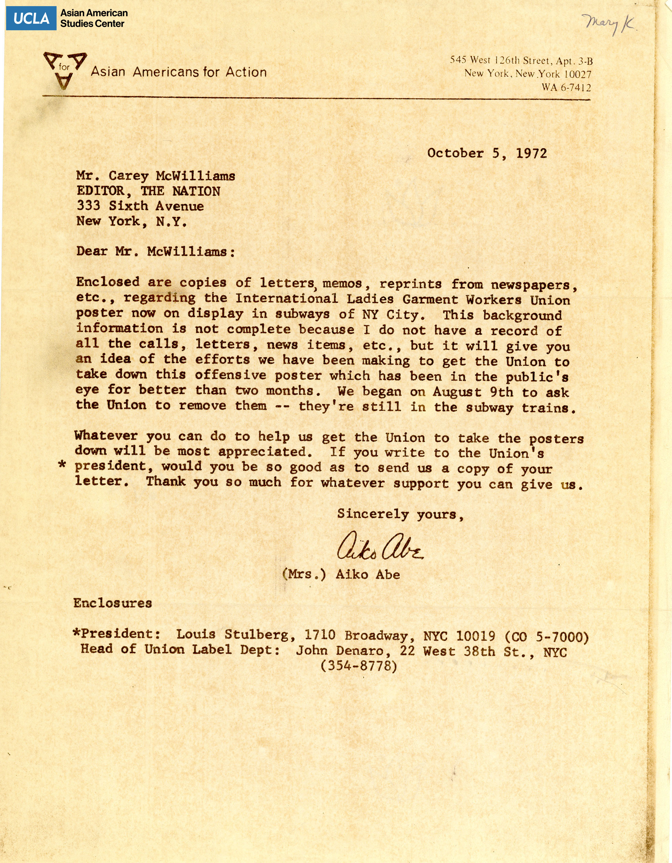 Letter regarding taking down the discriminatory poster of Made in Japan from the International Ladies' Garment Workers' Union.