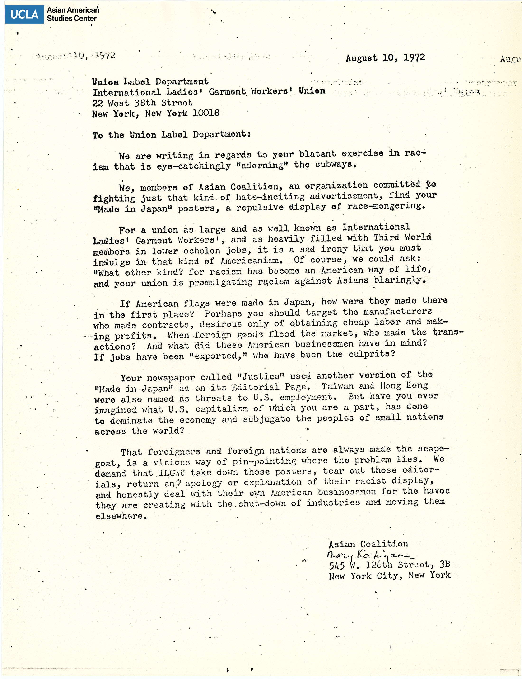 Letter regarding the removal of the 