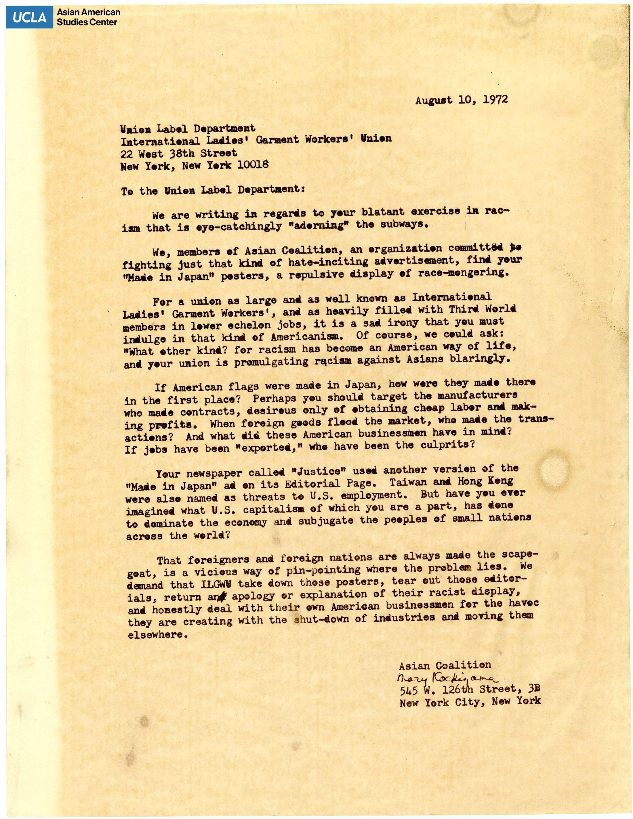 Letter regarding the International Ladies' Garment Workers' Union for the racist 