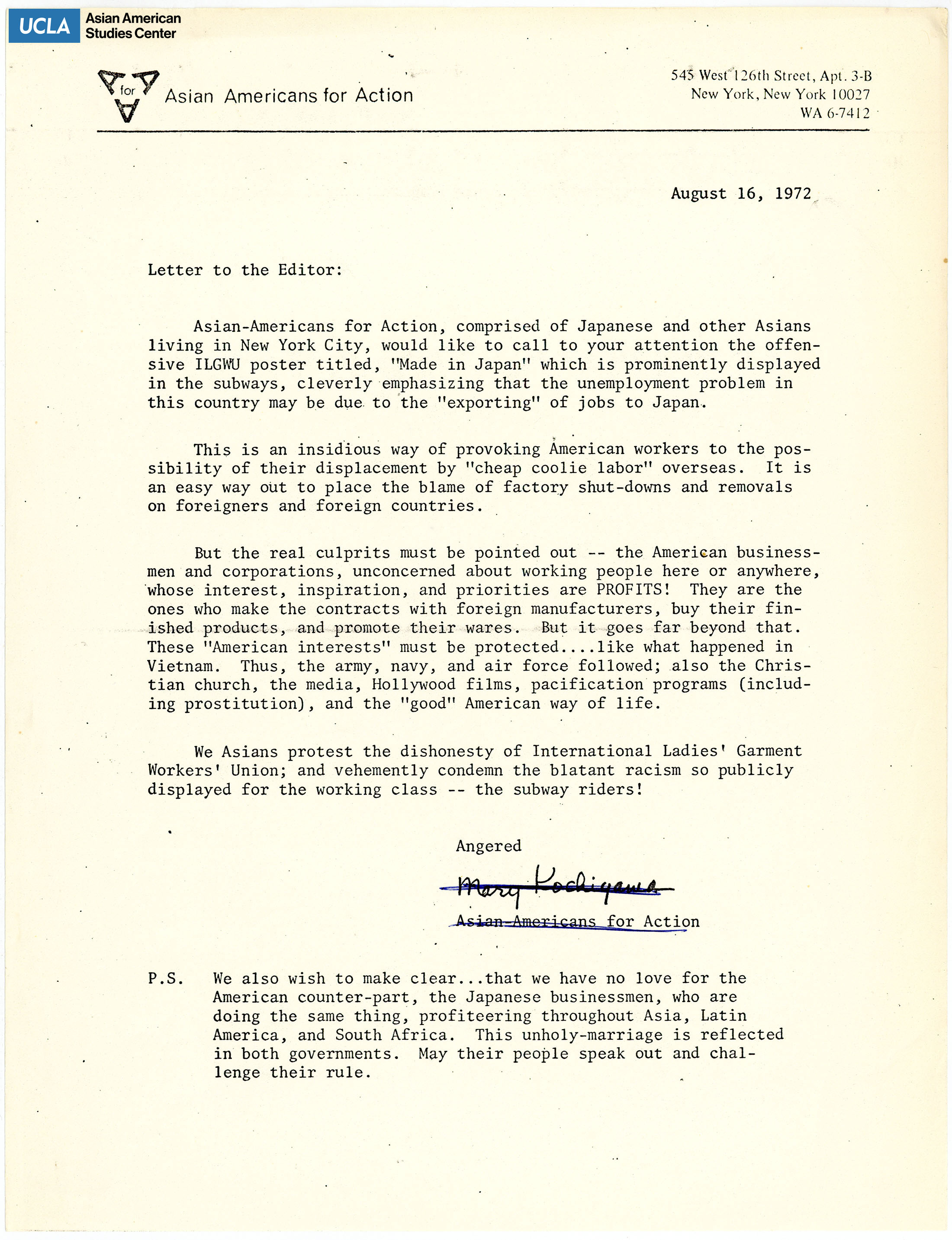 Draft letter regarding the International Ladies' Garment Workers' Union for the racist 