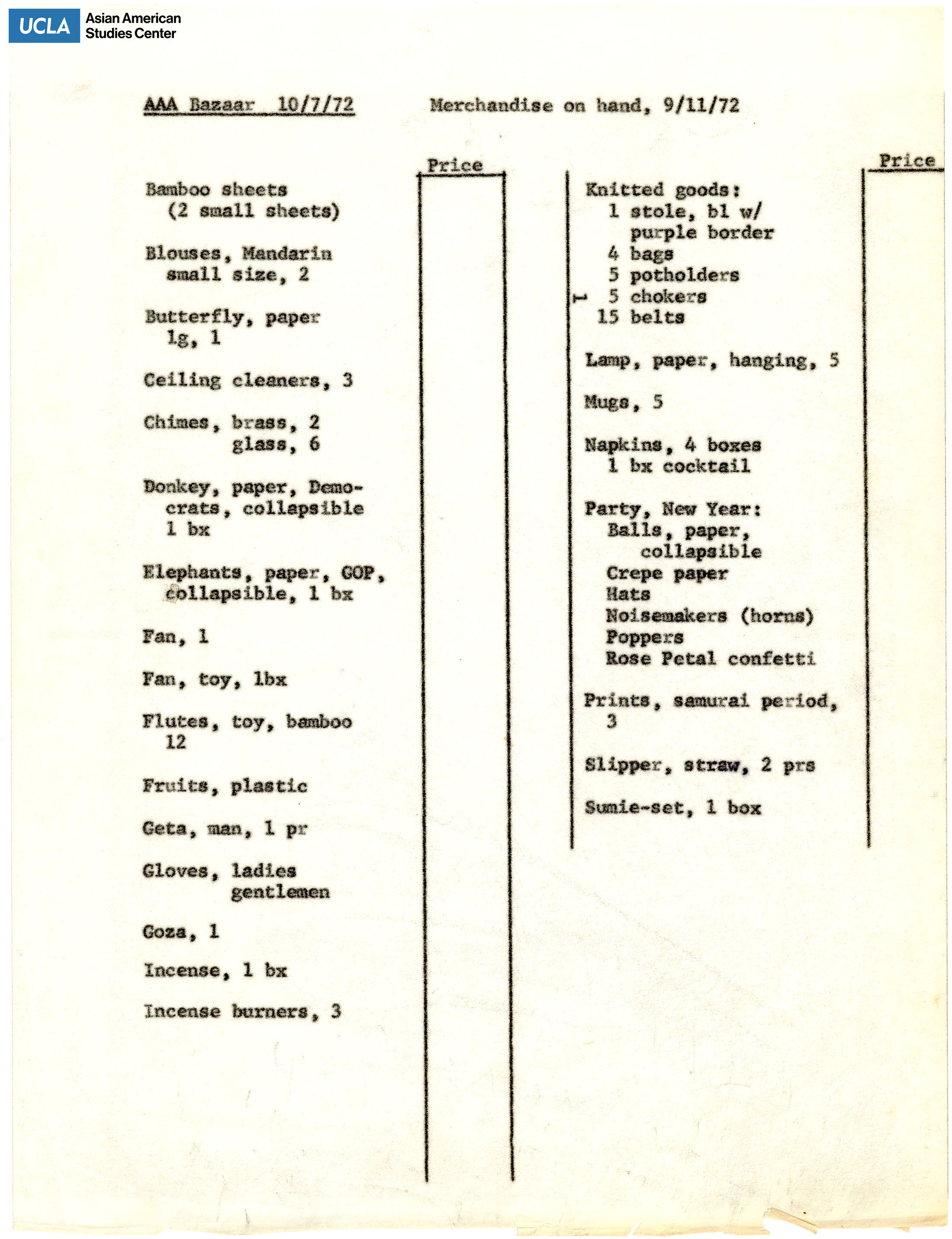 List of items for sale at the Asian Americans for Action Bazaar.