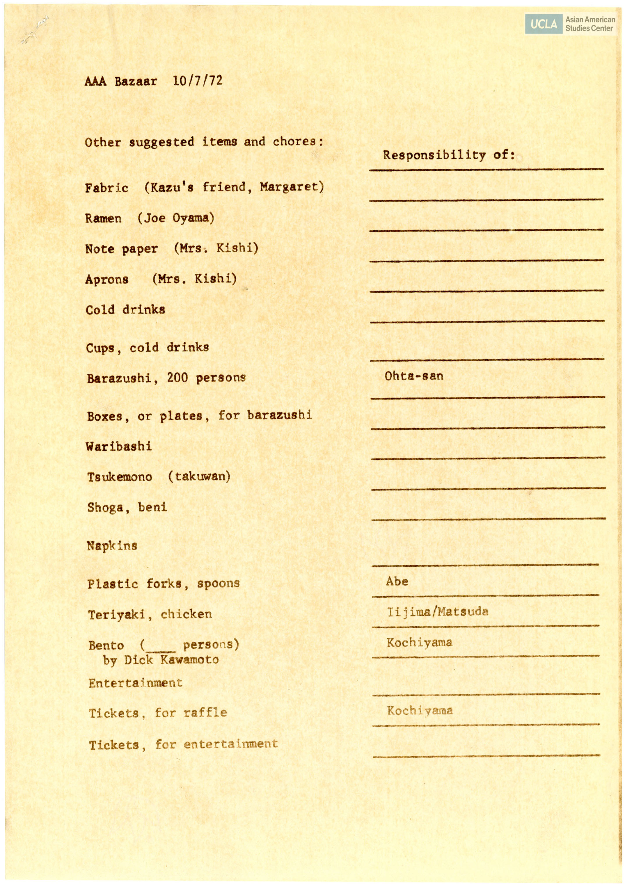 Suggest items and chores for the Asian Americans for Action.