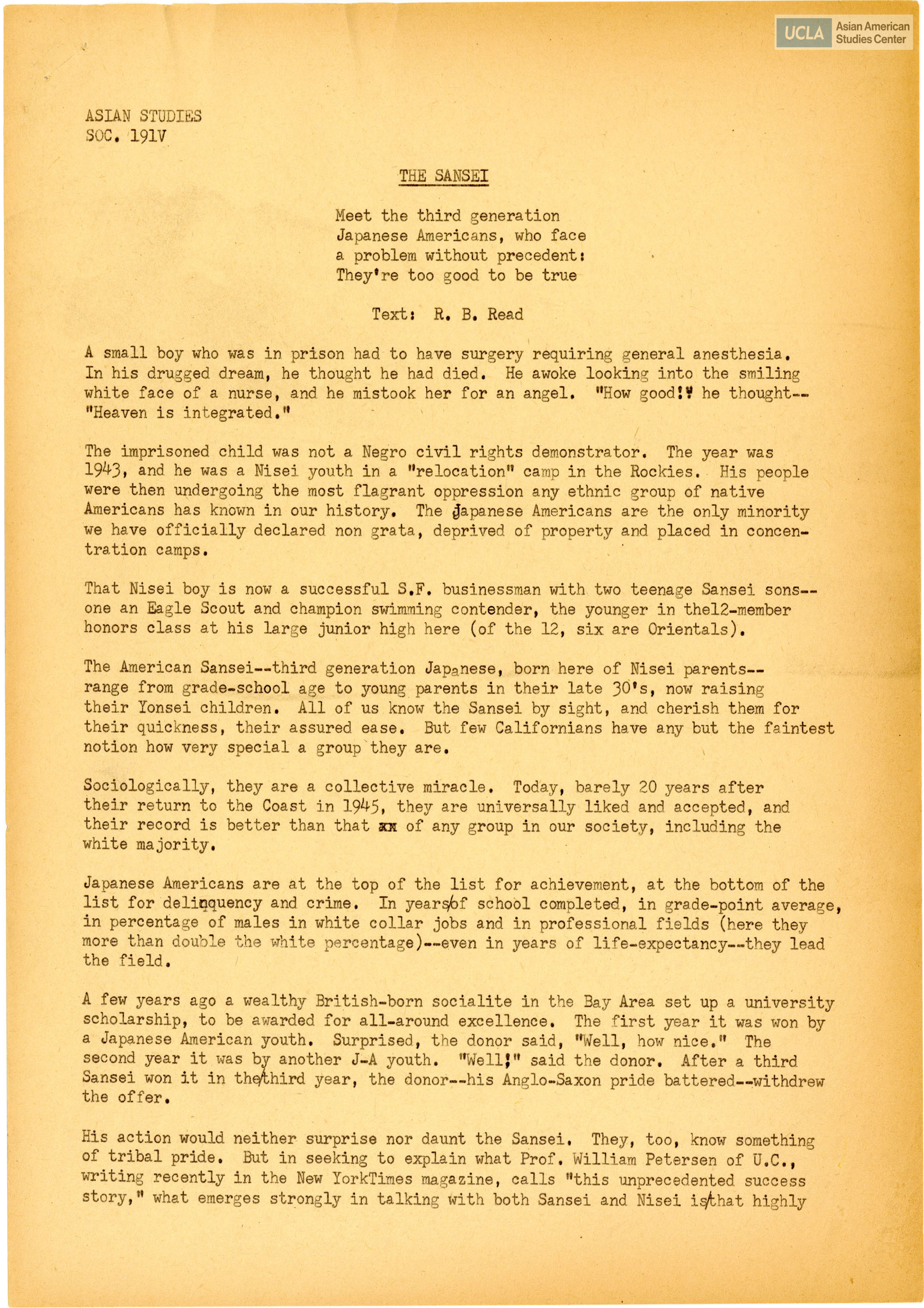 Essay from class Asian Studies, Soc. 191V. Essay titled: 
