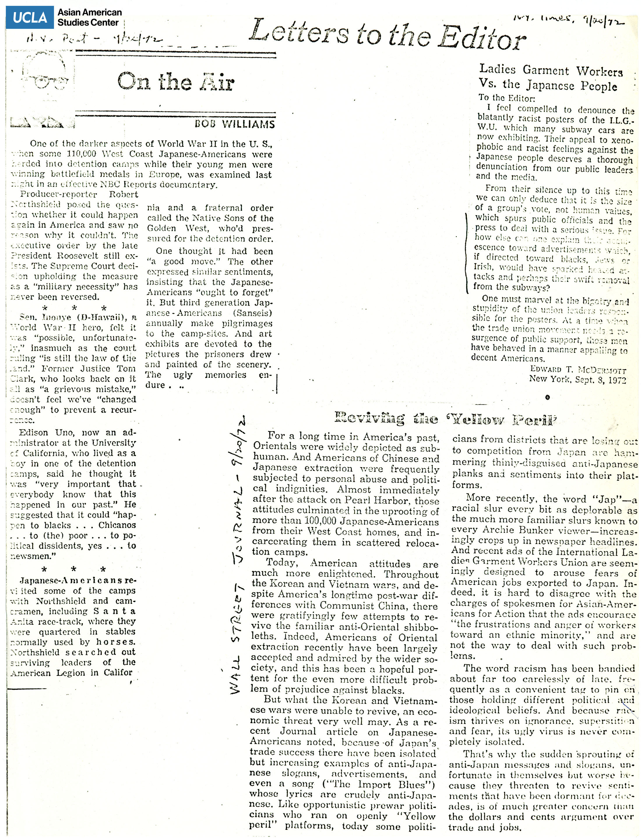 Clippings from newspapers: New York Post, New York Times, and The Wall Street Journal.