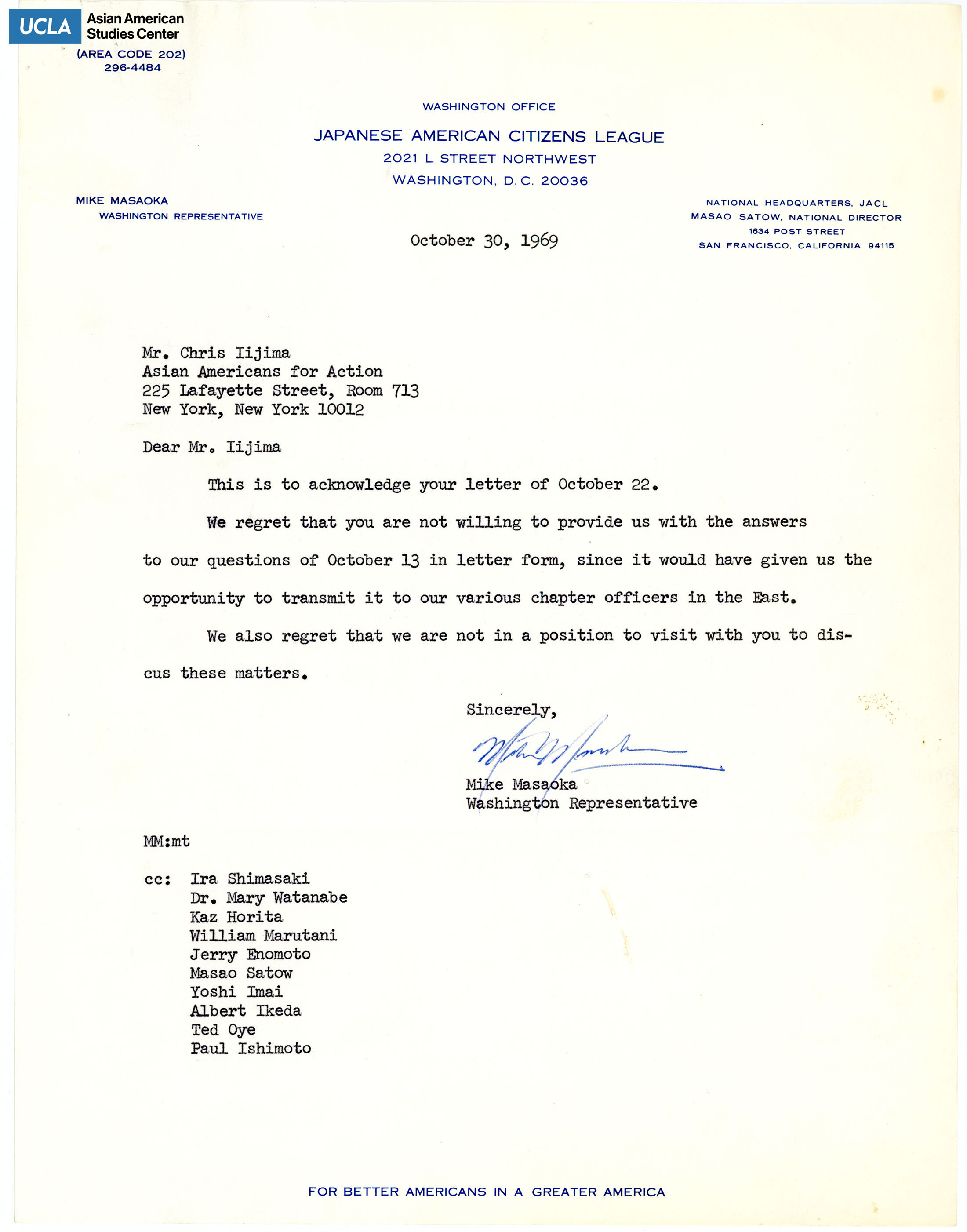 Letter of acknowledgement of letter and the inability to process request.